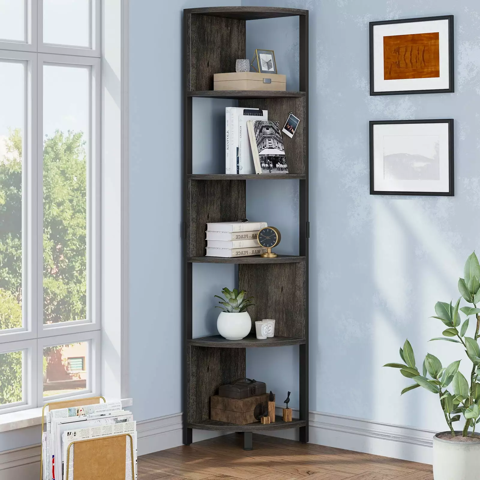 ZGBY 5 Tier Corner Shelf Industrial Bookcase Bookshelf Space Saving Display Rack ZGBY Home Products