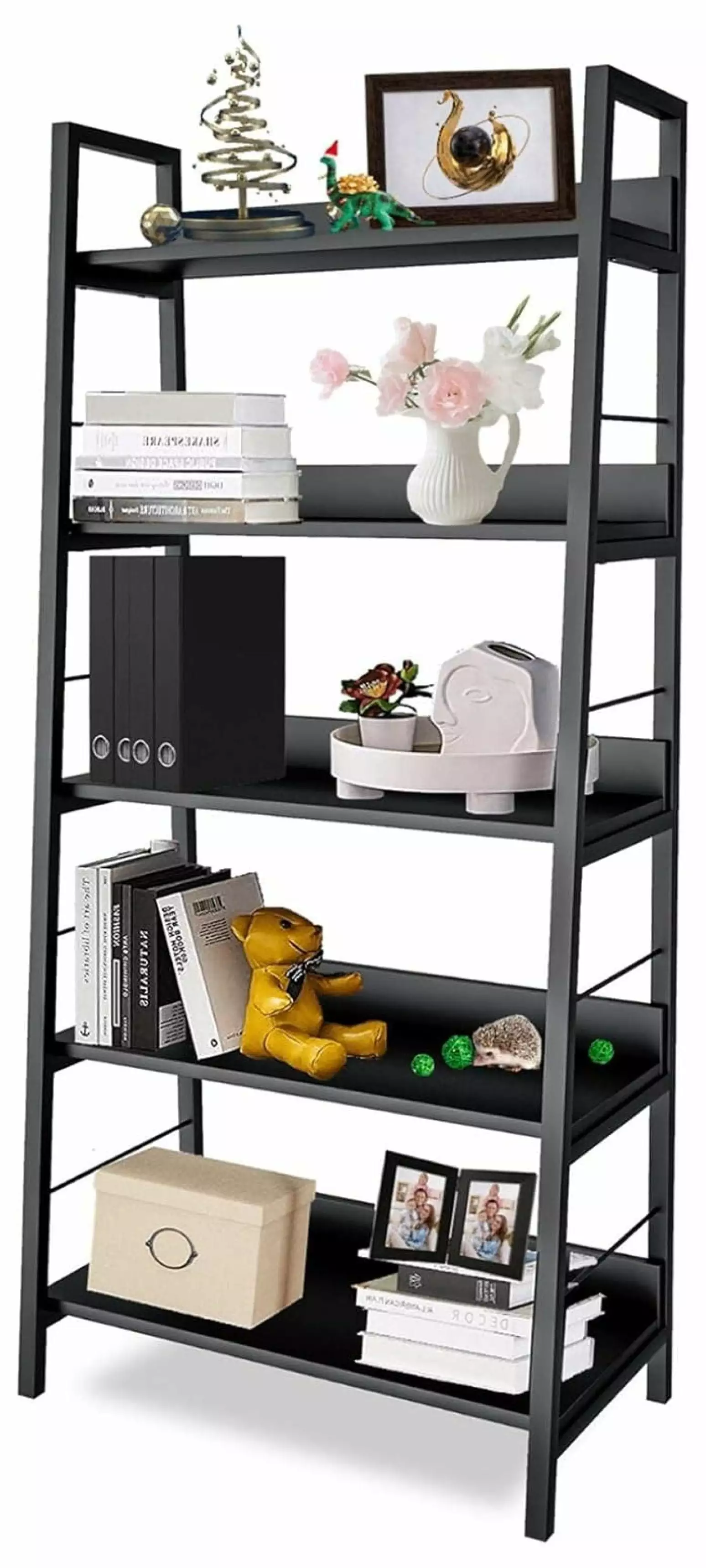 Drevy Black 5-Tier Industrial Modern Wood Ladder Bookshelf Metal Frame