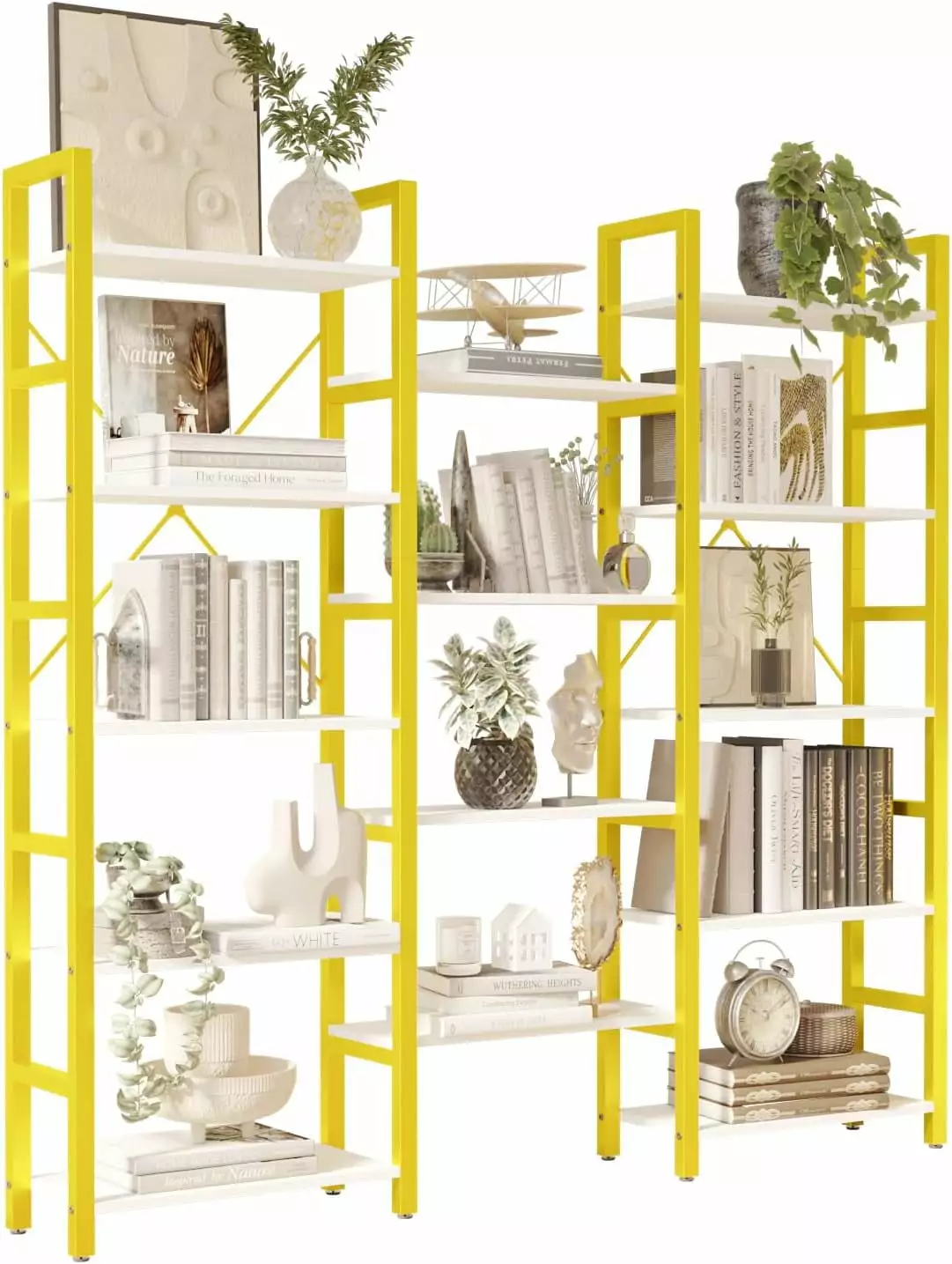 5 Shelf Bookcase Corner Bookshelf Industrial Bookshelves Wide Book Shelf Metal Frame Living Room Home Office Golden SLG
