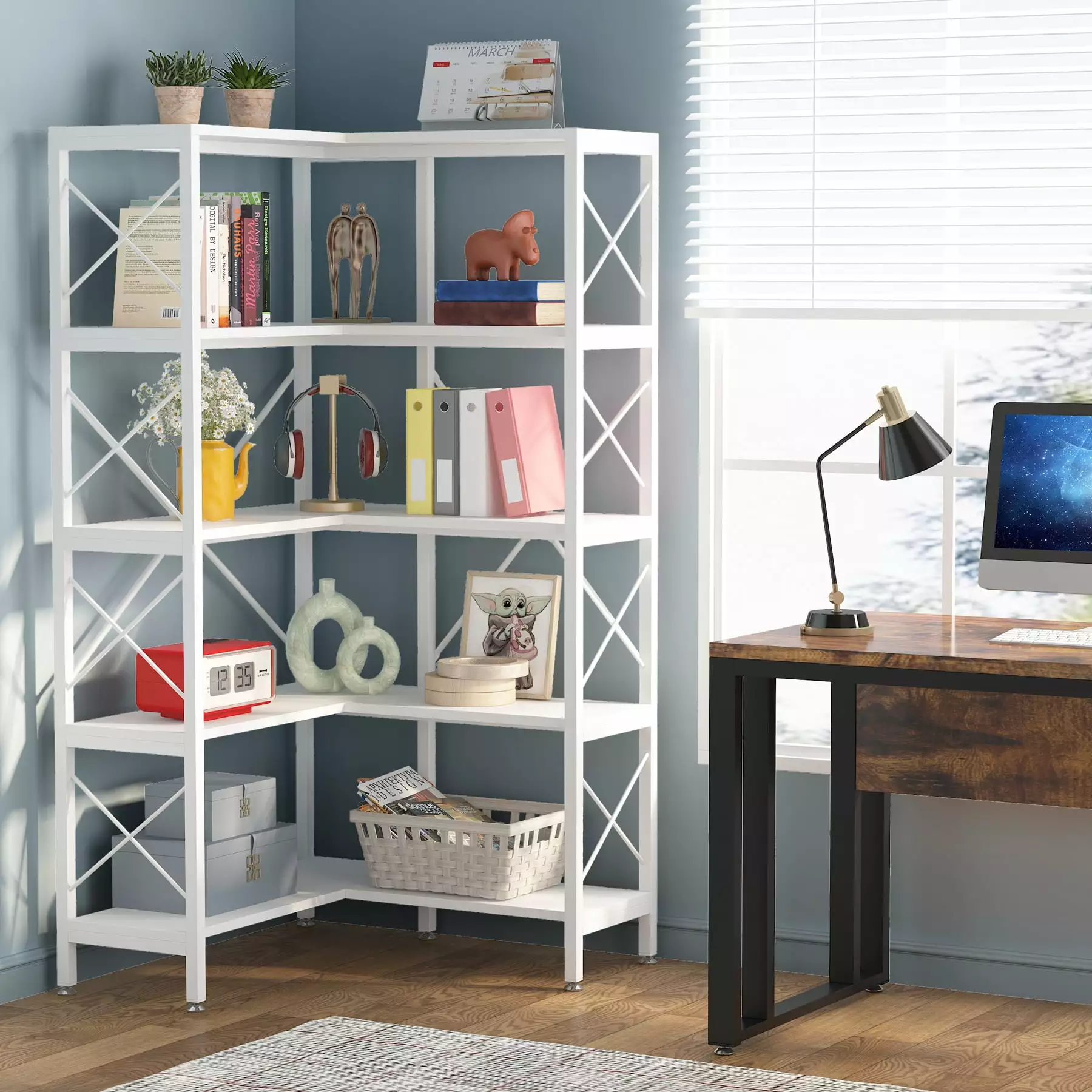5 Tier Industrial Corner Shelf Bookcase Tall Vintage Bookshelves Etagere Storage Display Rack White Tribesigns