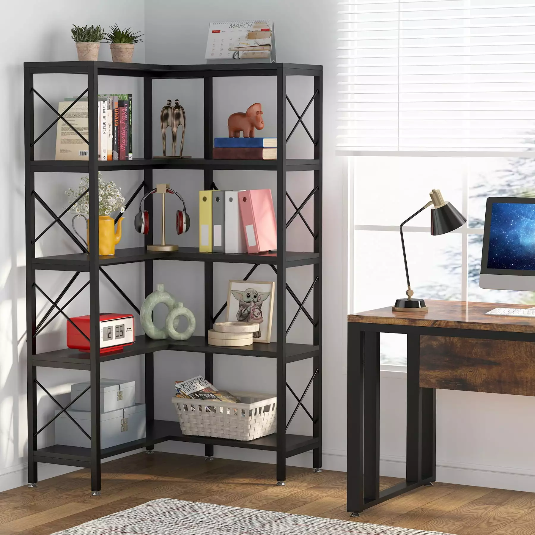 5 Tier Industrial Corner Shelf Bookcase Tall Vintage Bookshelves Etagere Storage Display Rack Black Tribesigns