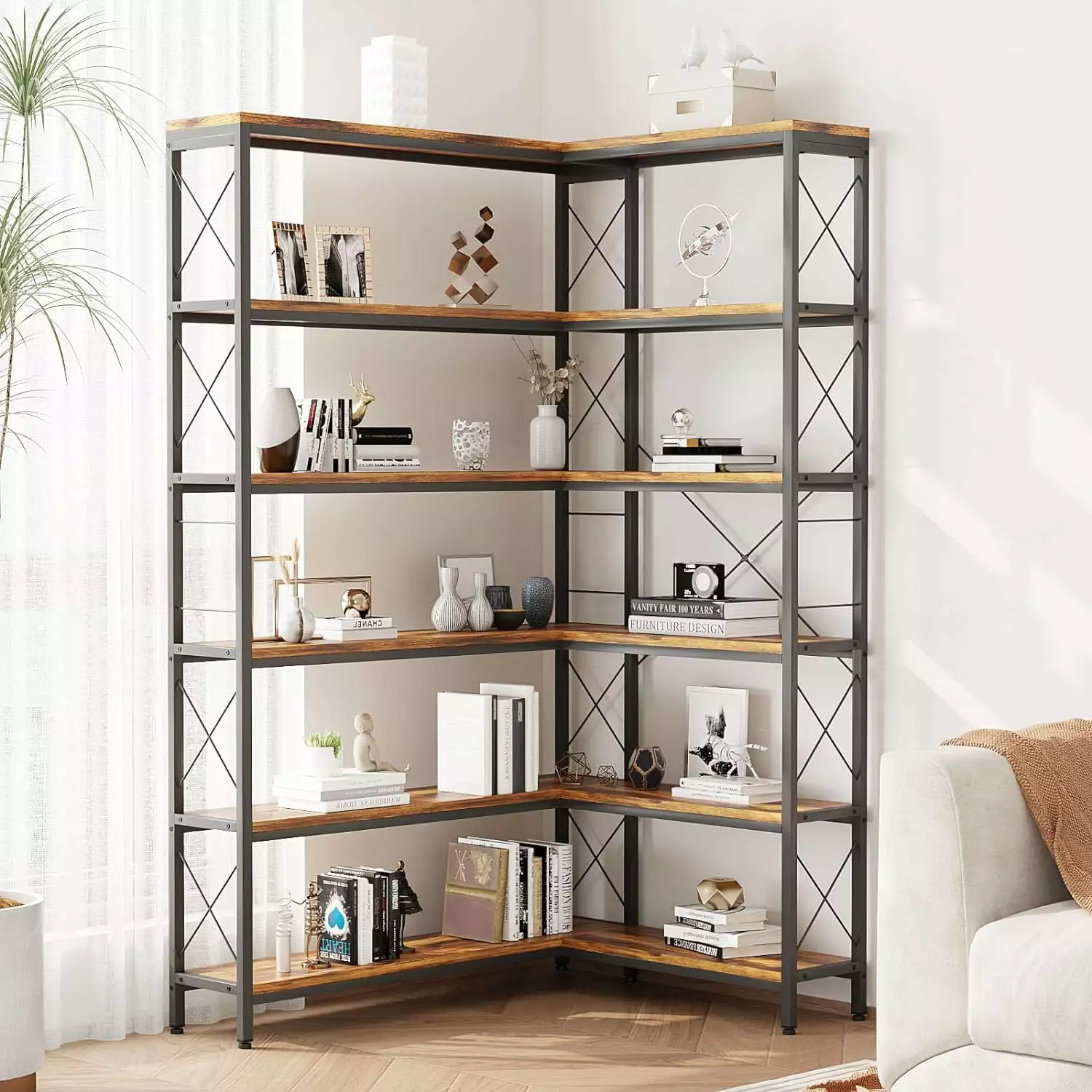 ZHIBING 6-Tier Corner Bookcase Vintage Industrial Corner Bookshelf Etagere Bookcase Carbon Steel Storage Rack Living Room ...