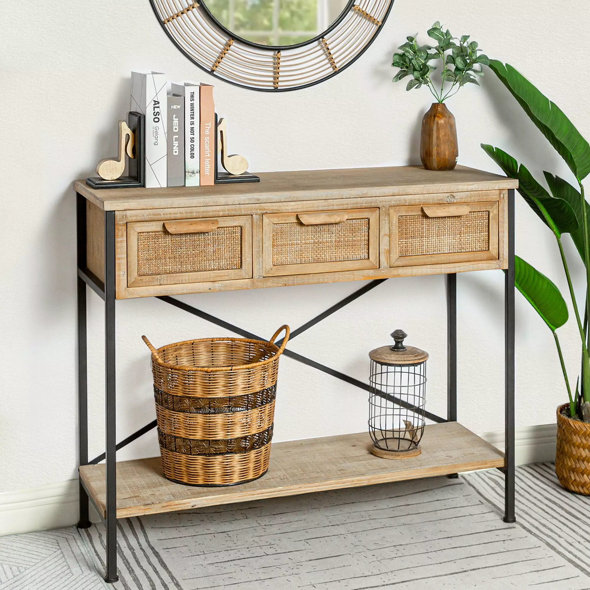 ABBSR Large 40x34in Wooden Console Table Metal Frame Side Table Rattan Drawers Console