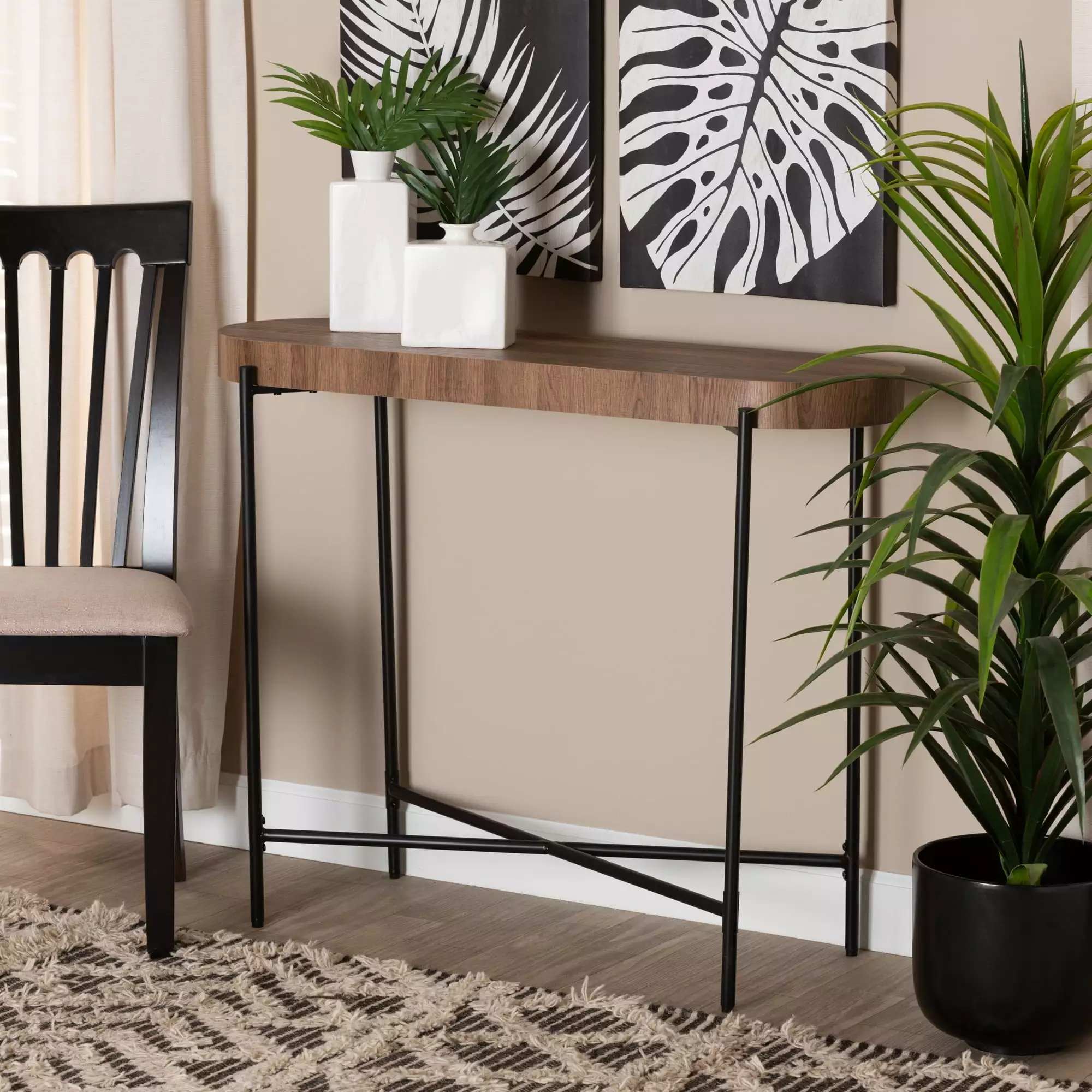 Baxton Studio Savion Modern Industrial Walnut Brown Wood and Black Metal Console Table Console