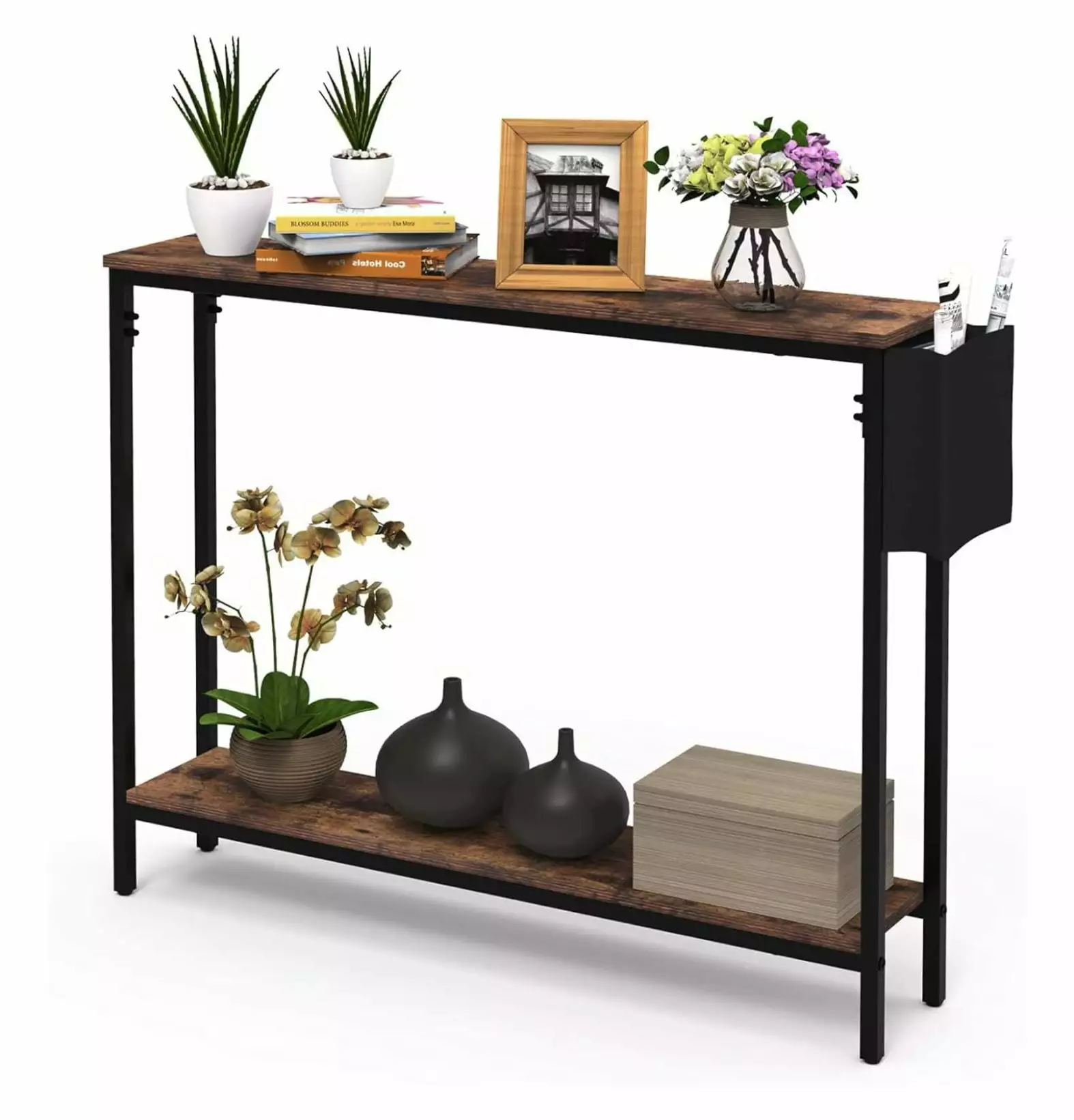 Drevy 39.4 Console Entryway Table 2-Tier Industrial Narrow Sofa Table Rustic Brown Console