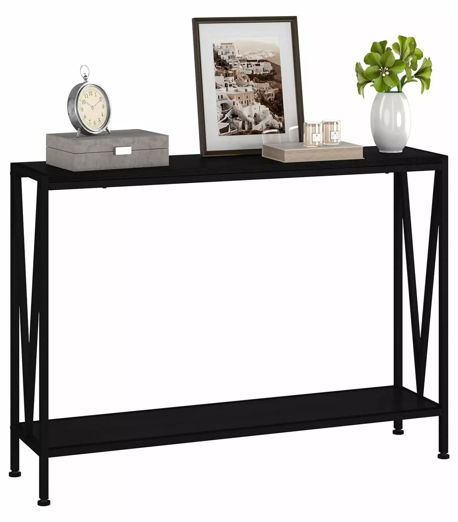 Drevy Black Console Table Industrial 2-Tier Skinny Sofa Table Entryway Console