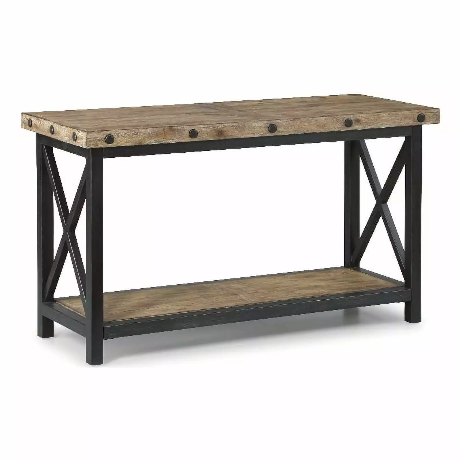 Homestyles Portman Brown Sofa Table Metal Frame Exposed Bolt Heads Console Flexsteel