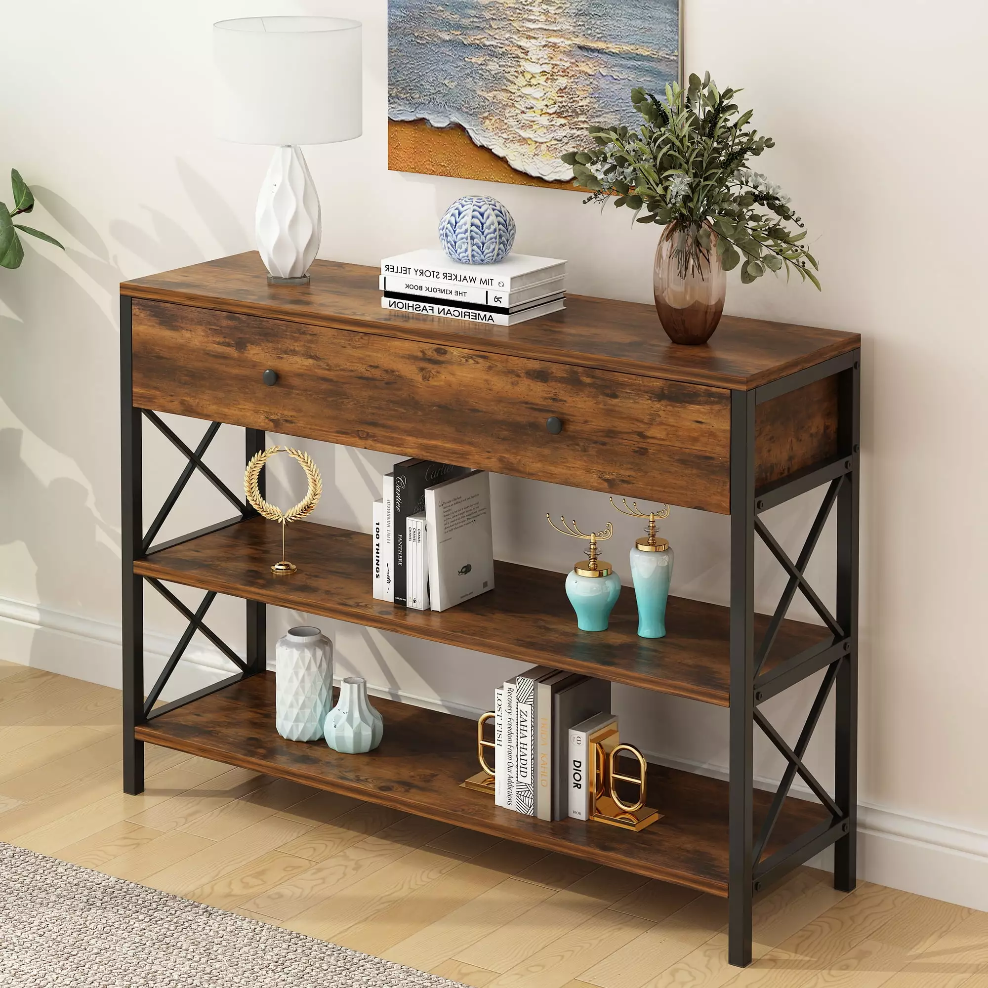 GoDecor 3 Tiers Console Table Drawer Industrial Sofa Table Entryway Living Room Office Rustic Brown Console