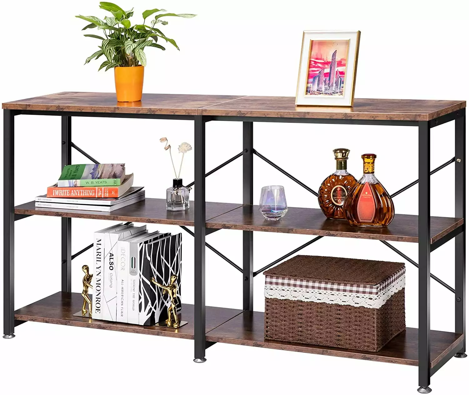 SPECSTAR 55 Inch Narrow Console Table Industrial Sofa Table Behind Couch 3-Tier Storage Shelves Metal Frame Console