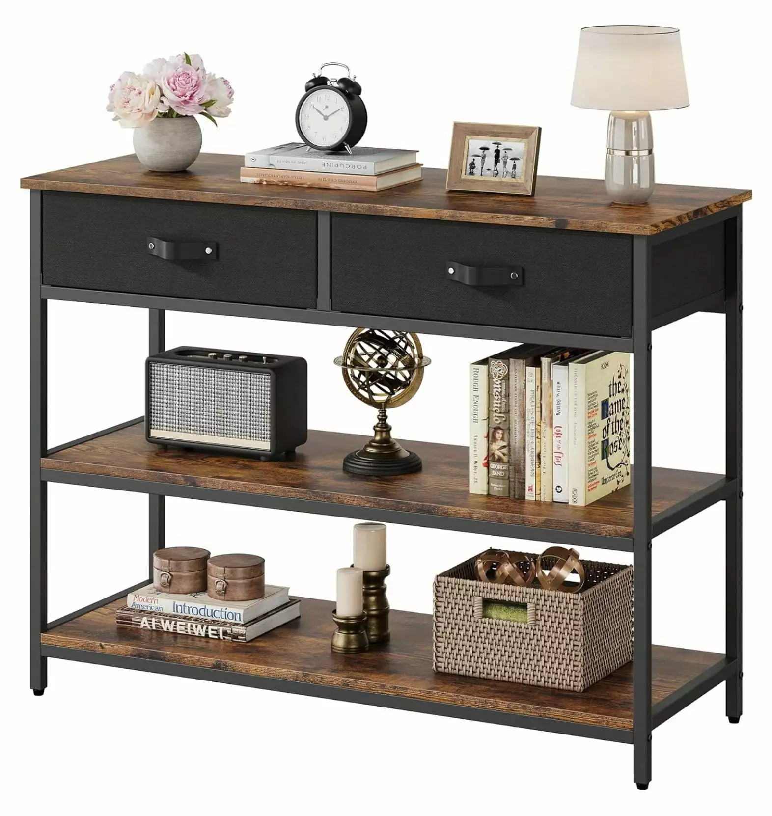 Superwum Rustic Brown Industrial Console Table 2 Drawers and 3 Tier Storage Living Room Couch Hallway Console