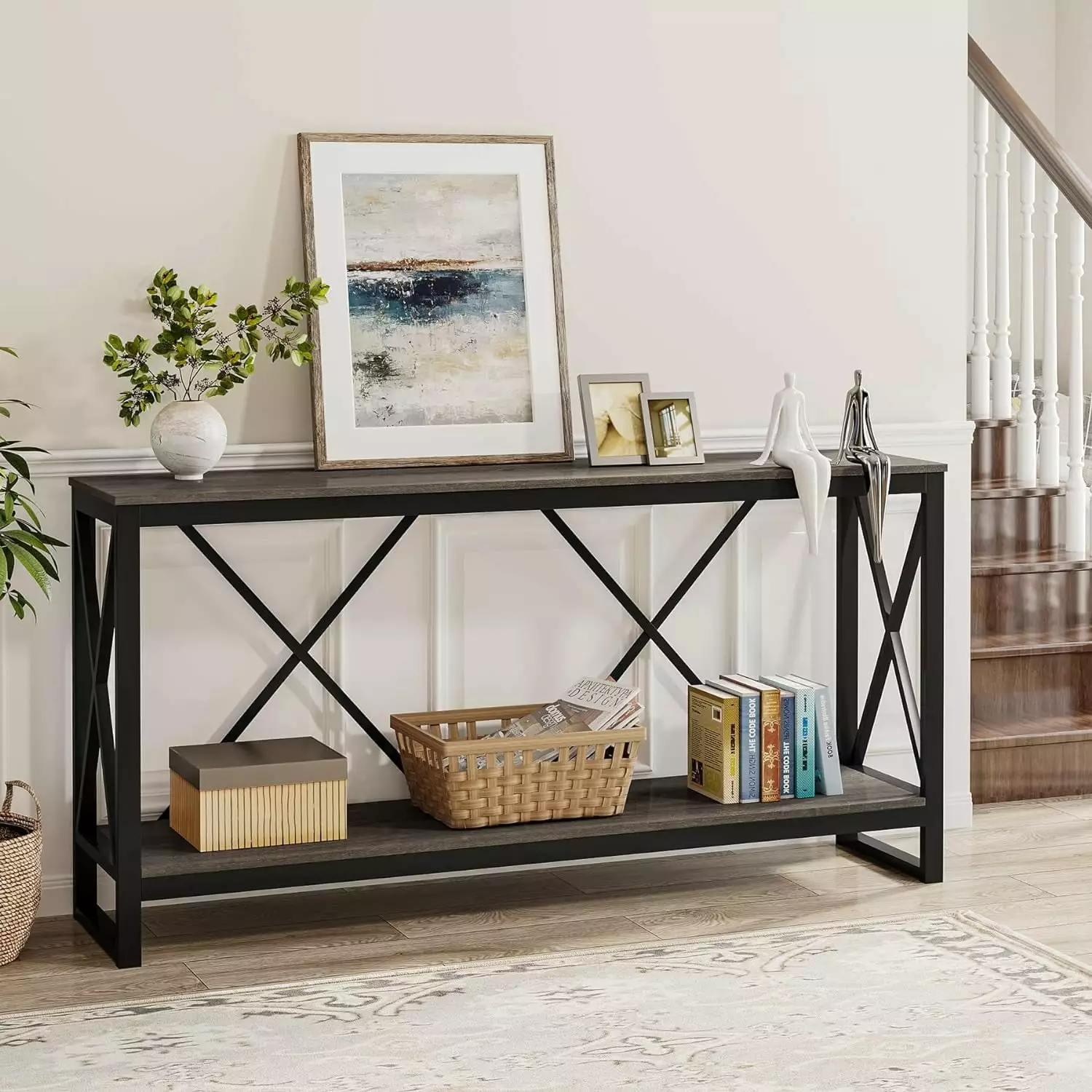 71 Extra Long Industrial Narrow Console Table Behind Couch Open Storage Shelf Rustic Entryway Console TribeSigns