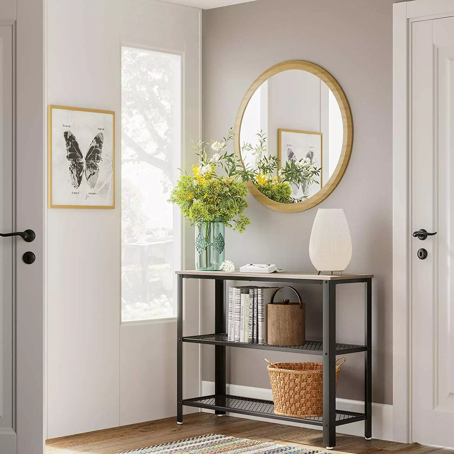 VASAGLE Industrial Greige Black Console Table 2 Mesh Shelves Hallway Console