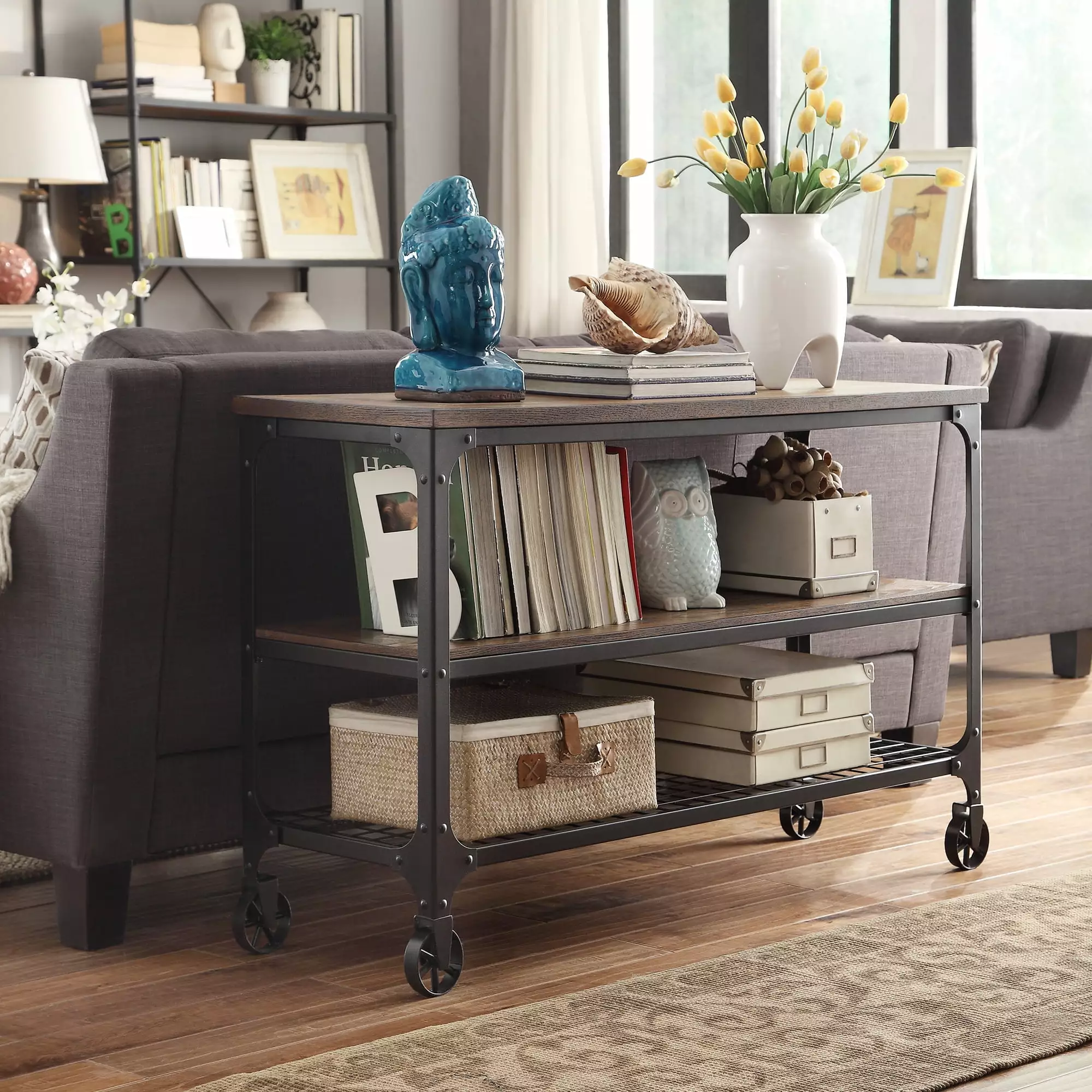 Weston Home Avery Industrial Black Brown Wood and Metal Console Table Wheels Console
