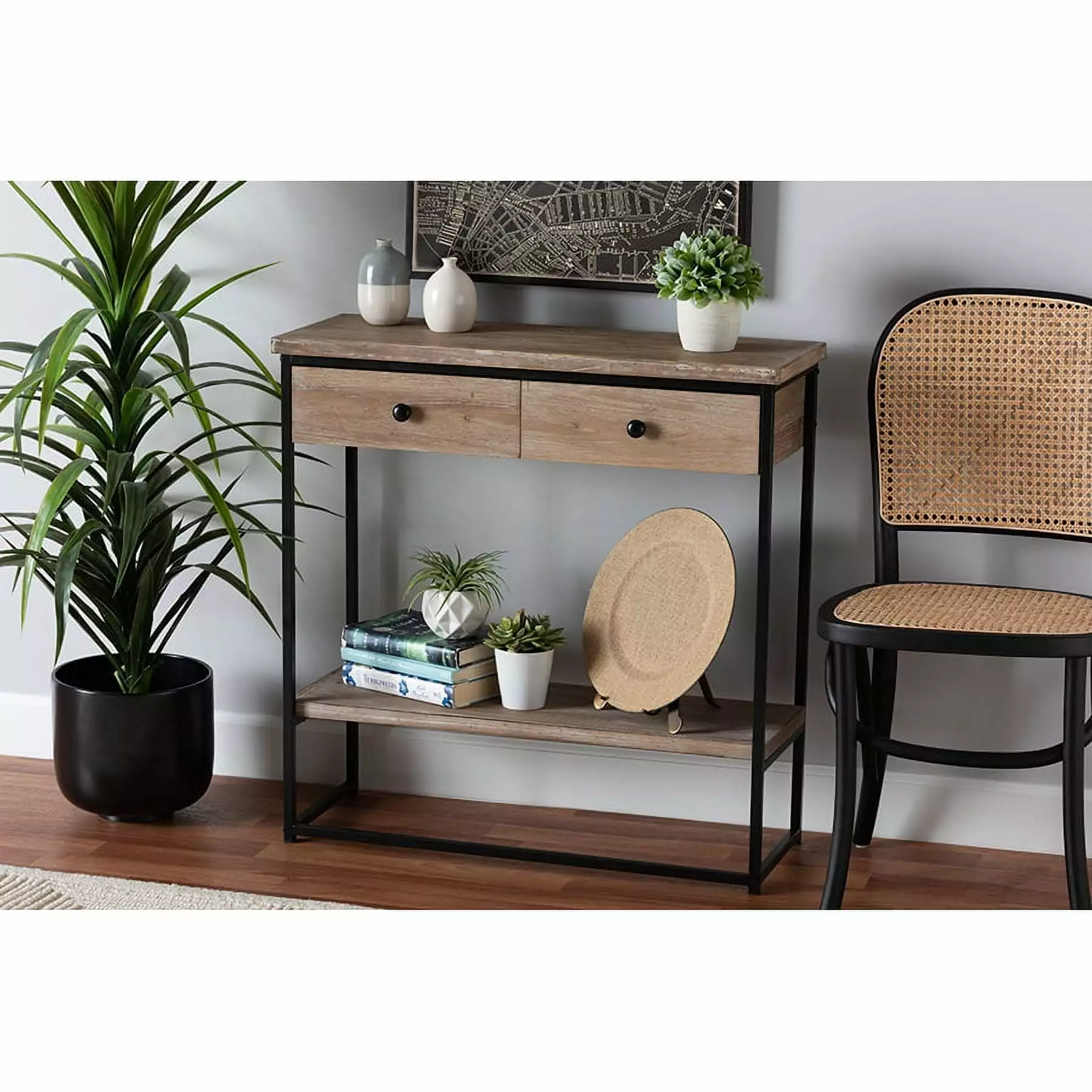 Baxton Studio Silas Modern Industrial Natural Brown Finished Wood and Black Metal 2-Drawer Console Table Console Wholesale...