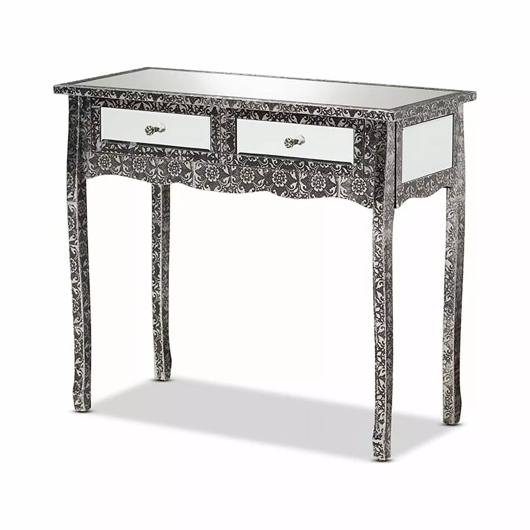 Baxton Studio Wycliff Industrial Glam and Luxe Silver Finished Metal and Mirrored Glass 2-Drawer Console Table Console Who...