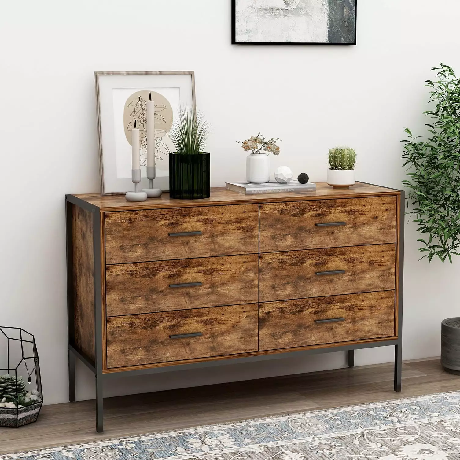 Industrial Style 6 Drawer Double Dresser - Rustic Brown Wood Storage Dresser Sturdy Steel Frame S-HOME