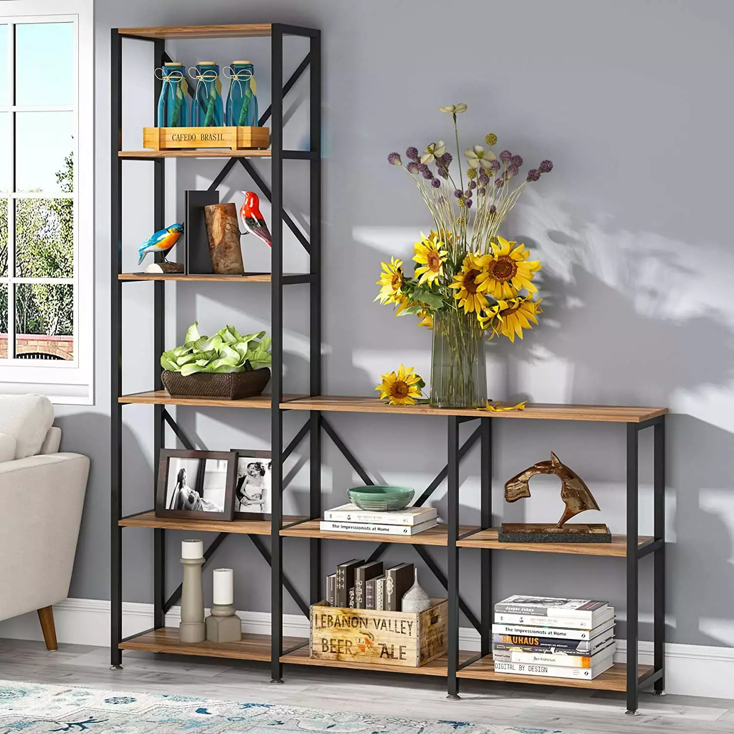 DONFU 9-Shelf Industrial Ladder Corner Etagere Bookcase Rustic 6-Tier Open Shelf Storage Organizer Living Room