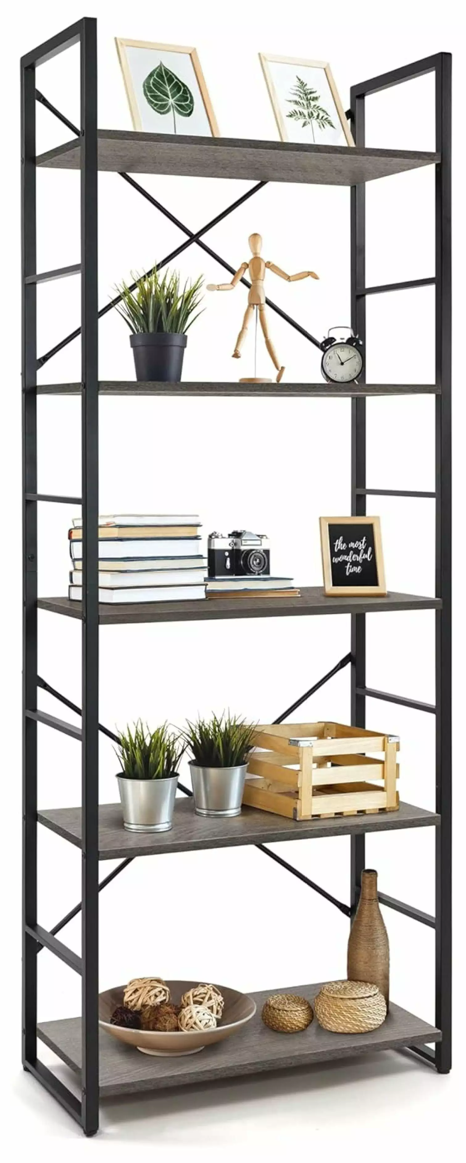 Drevy 5 Tier Bookshelf 24 Inch Width Industrial Book Shelves Dark Grey Vintage