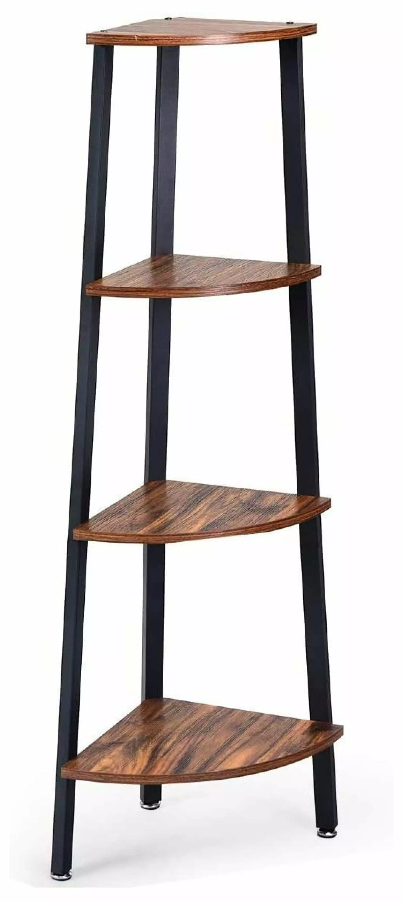 Exlonjet 4-Tier Industrial Corner Shelf Corner Ladder Bookcase Metal Frame Open Shelves and Adjustable Leveling Feet Brown