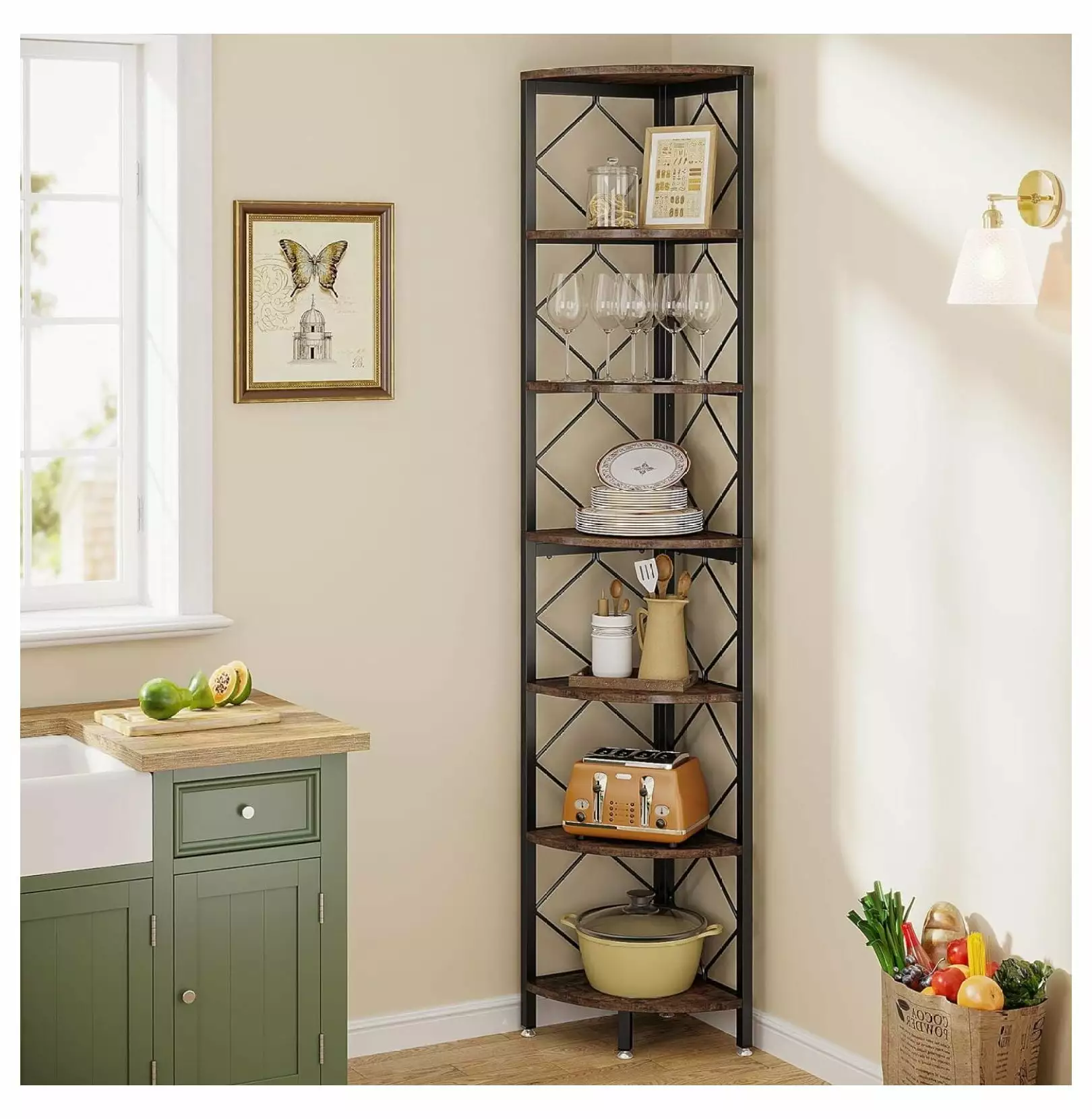 Killeryuki 7-Tier Extra Tall Industrial Corner Bookcase 78.7 Inch Small Spaces