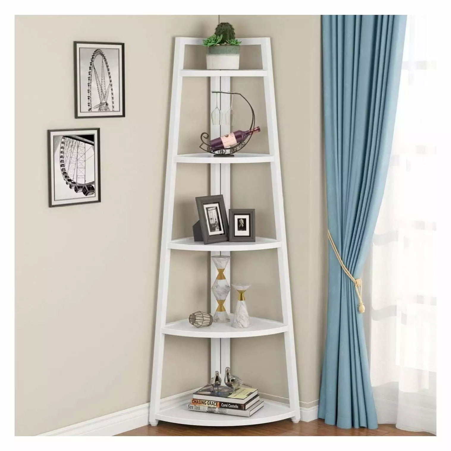 Killeryuki 70 Inch Tall Corner Shelf 5-Tier Modern Bookshelf White - Industrial Ladder Plant Stand Living Room