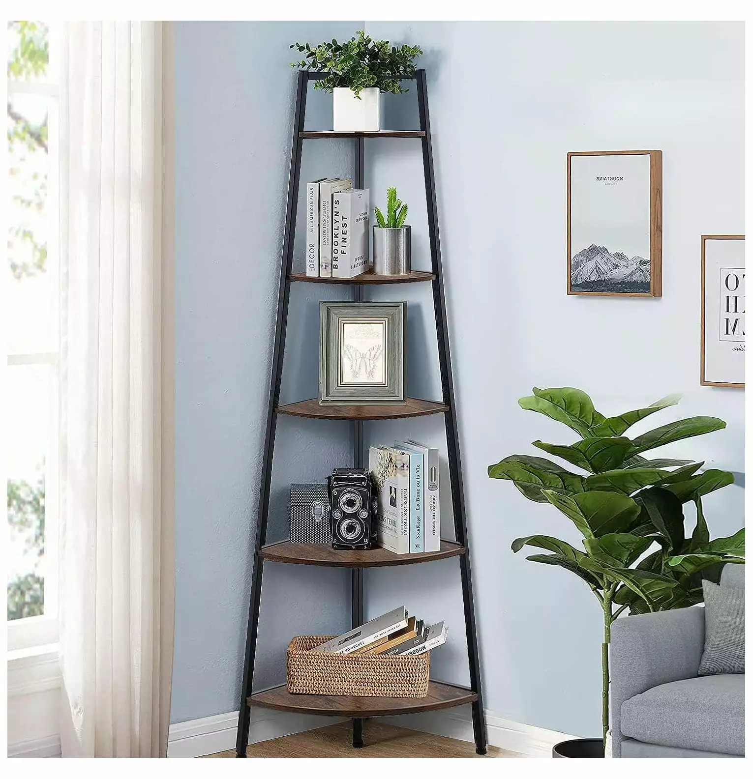 Lwory Industrial 5 Tier Corner Shelf Stand Modern Bookshelf Living Room Kitchen Office