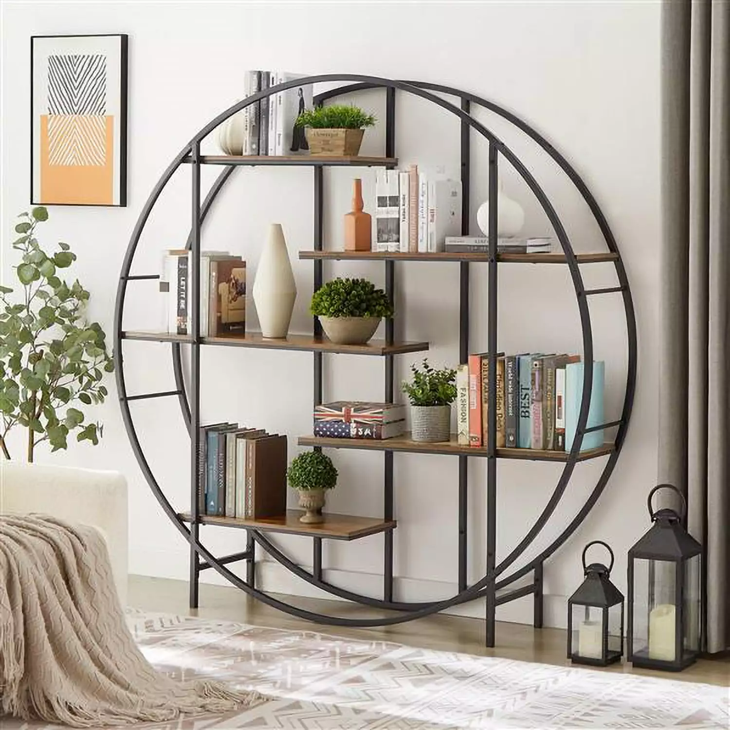 Industrial Round Bookshelf 5-Tier Bookcase 67 H Ladder Shelf Storage Shelves Rack Shelf Unit Indoor Living Room Terrace Ga...