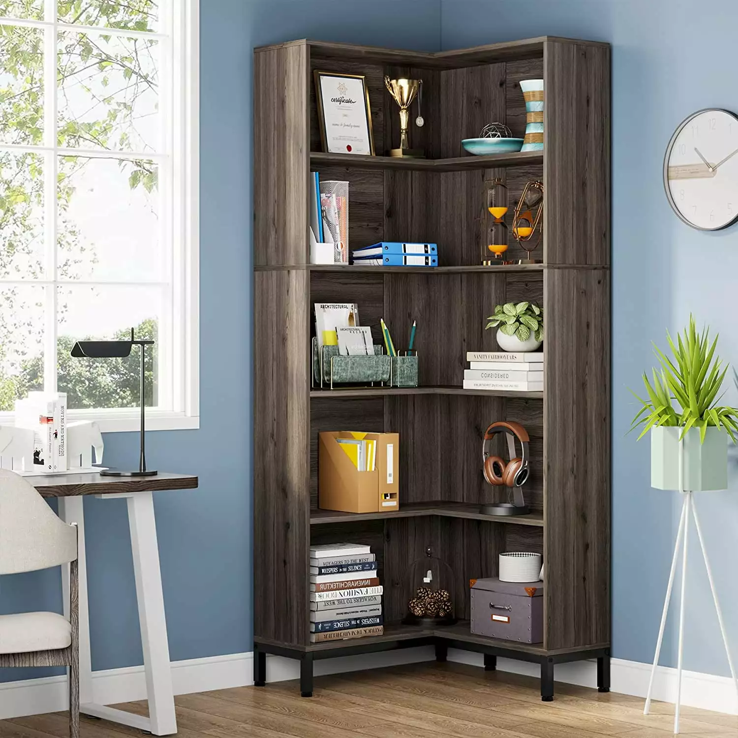 Tribesigns 6-Tiers L-Shaped Bookshelf 71 Inches Corner Bookcase Industrial Corner Etagere Bookcase Tall Storage Display Rack