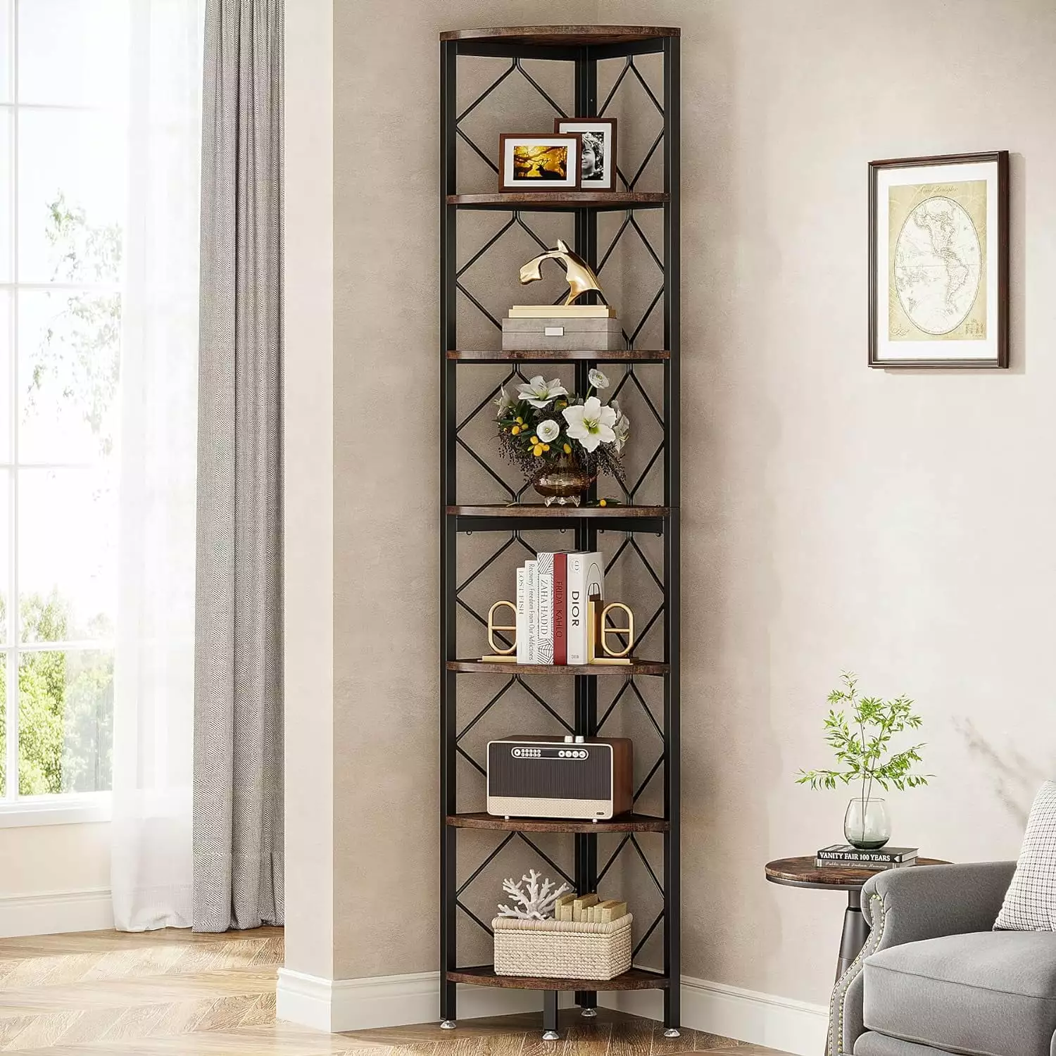 Tribesigns 7-Tier Extra Tall Corner Bookshelf Industrial Slim Corner Storage Rack