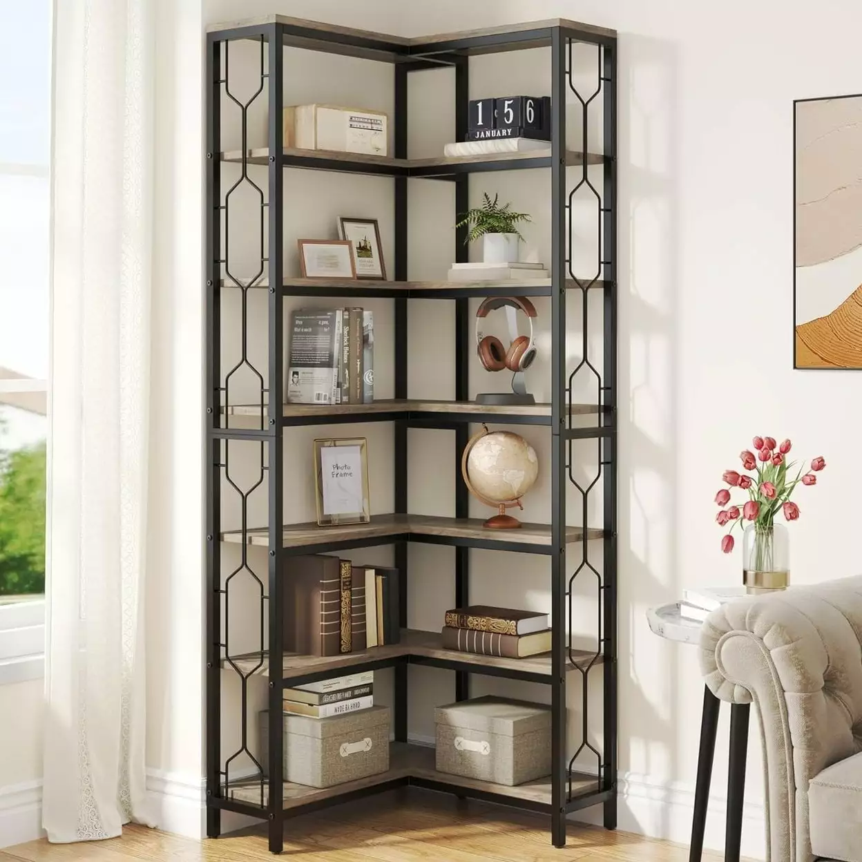 Tribesigns Corner Shelf 7-Tier Industrial Corner Bookshelf Wood and Metal Corner Etagere Bookcase