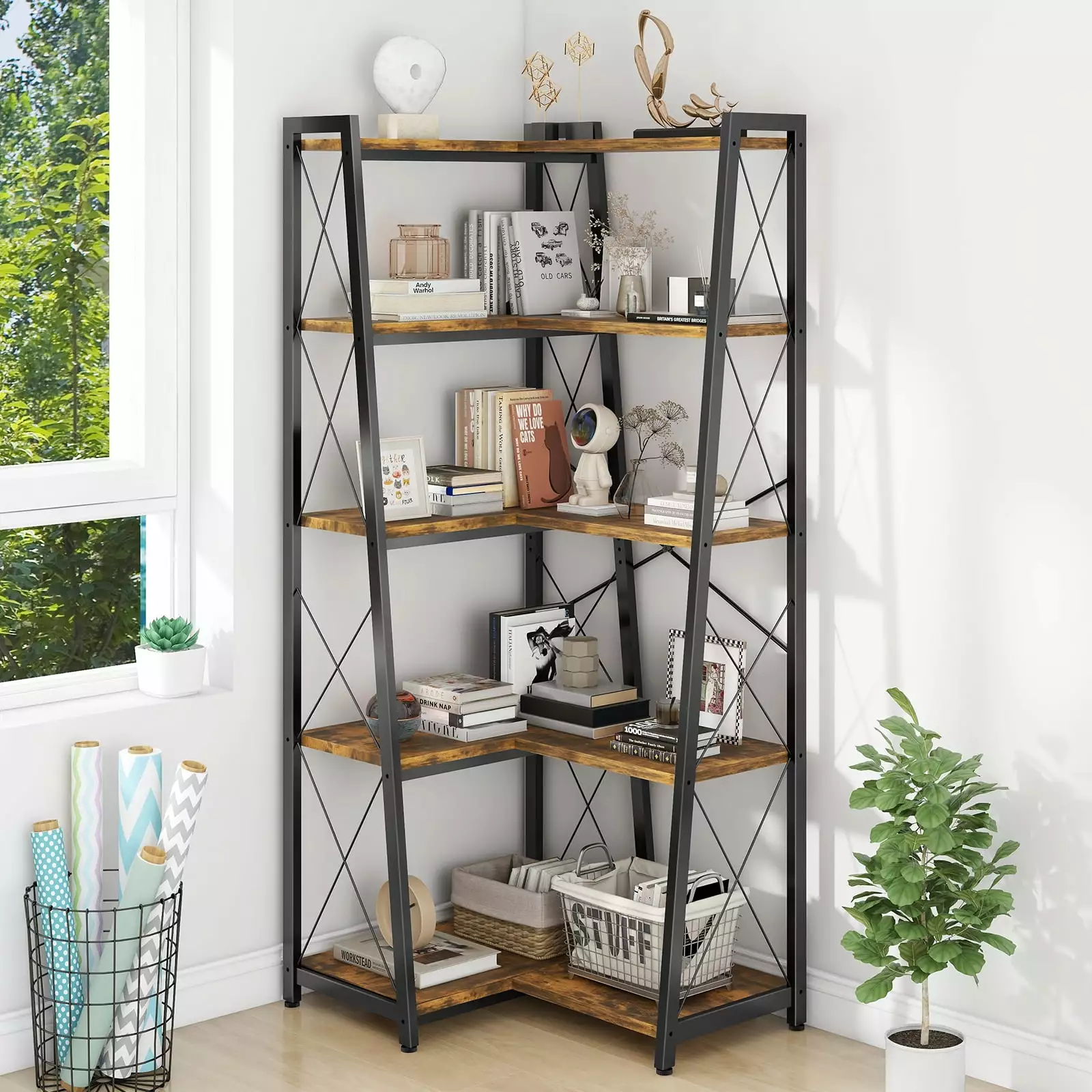 Vabches Industrial Bookshelf 5-Tier Corner Shelf Metal Frame L-Shaped