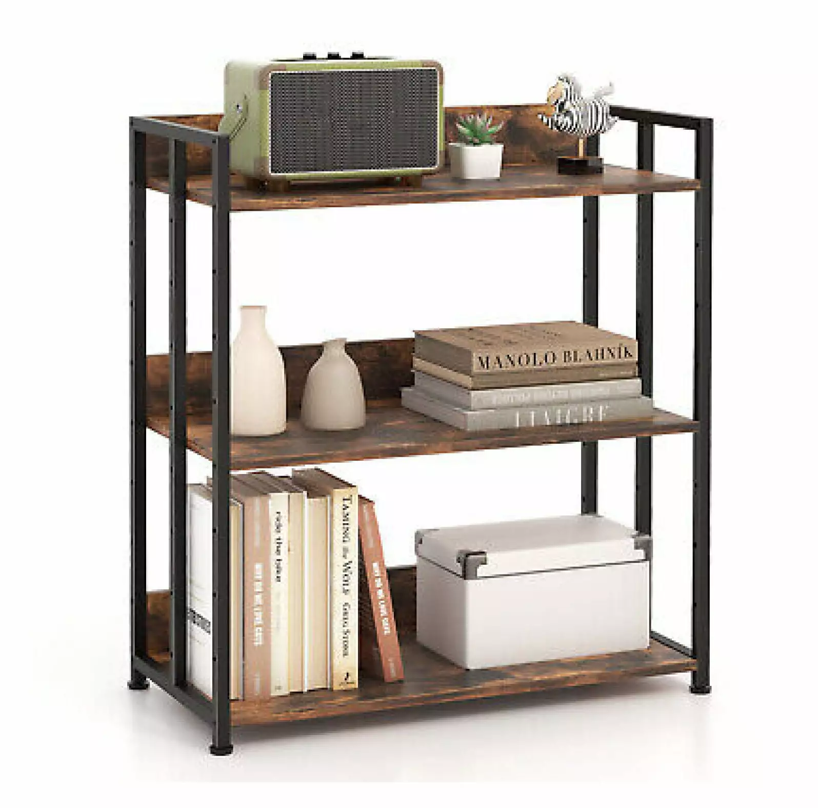 Yunhouse 3-Tier Industrial Metal Frame Corner Bookcase Adjustable Shelves Rustic Brown