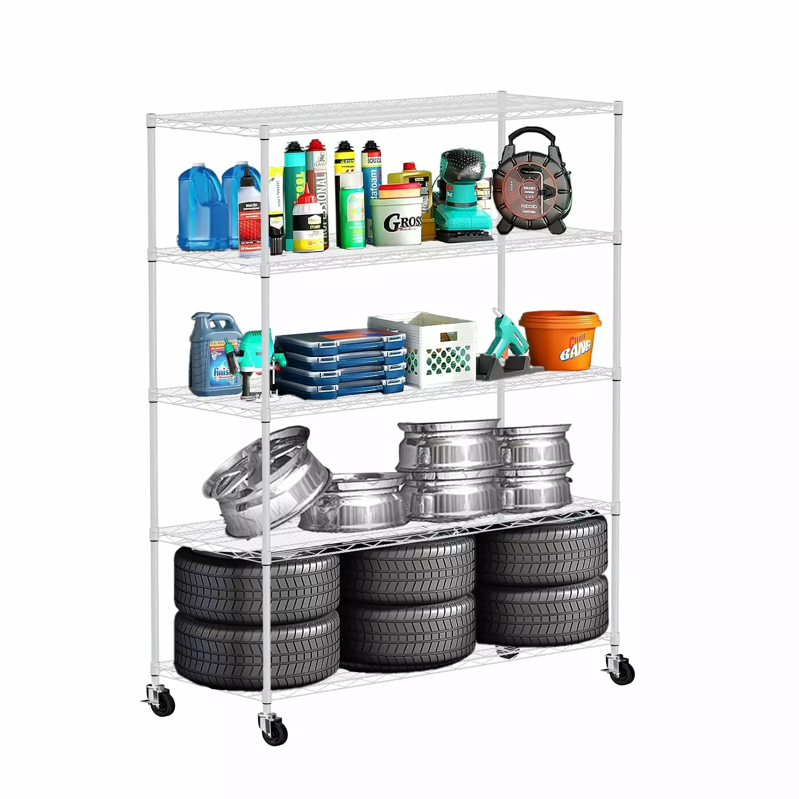 5 Layer Heavy Duty Adjustable Shelves Wheels and Adjustable Feet Warehouse Supermarket Kitchen White SMHZ