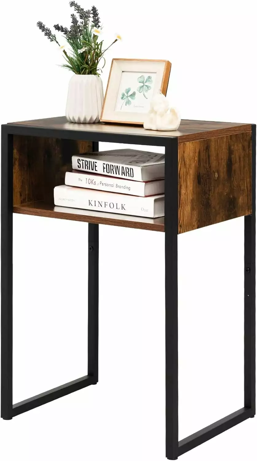 Industrial Side Table Small End Table Open Storage Compartment and Metal Frame Rustic Brown JY
