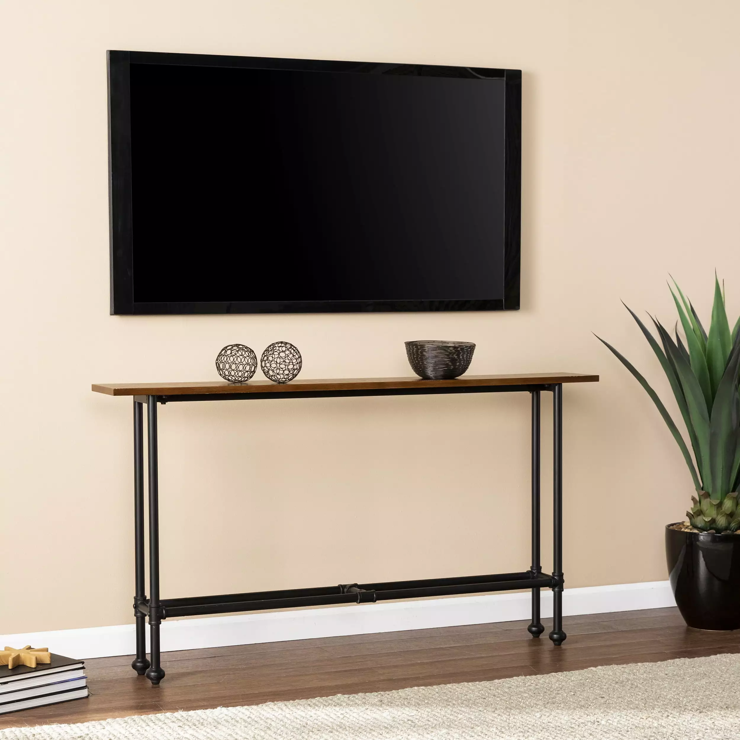 Southern Enterprises Agnew Industrial 56 Inch Black Metal and Wood Console Table Console SEI Furniture