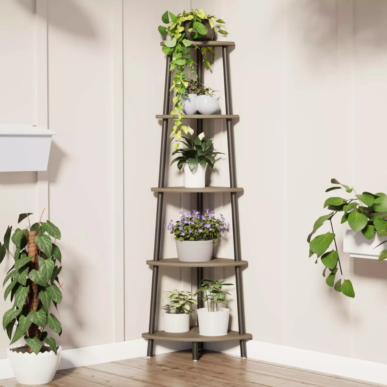 Baztin 5 Tier Industrial Corner Shelf Rustic Wood and Metal Leaning Bookcase Oak Gray Baztin Bath