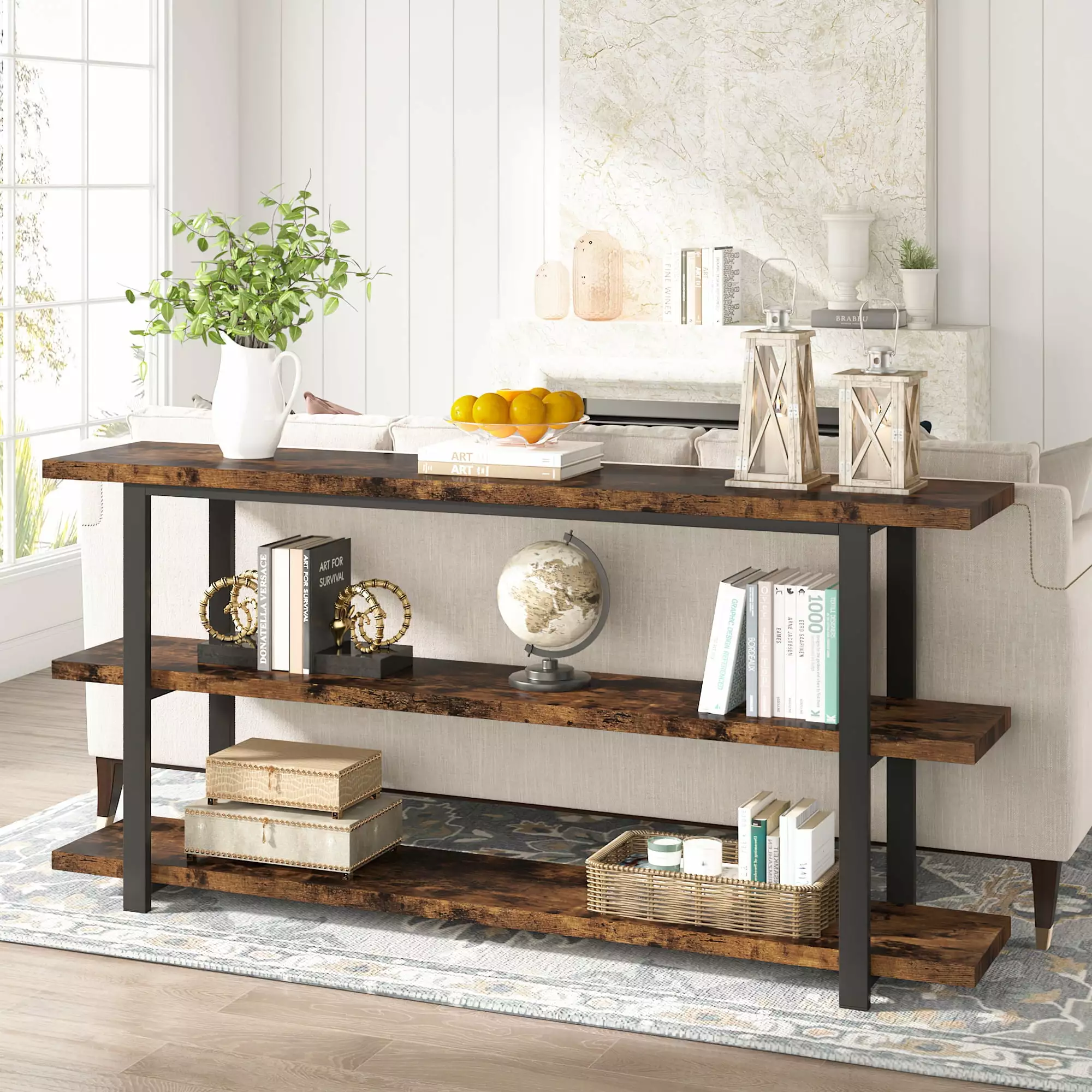 VANOMi 70.9 Inch Industrial Narrow Console Table 3 Tier Storage Shelves Console