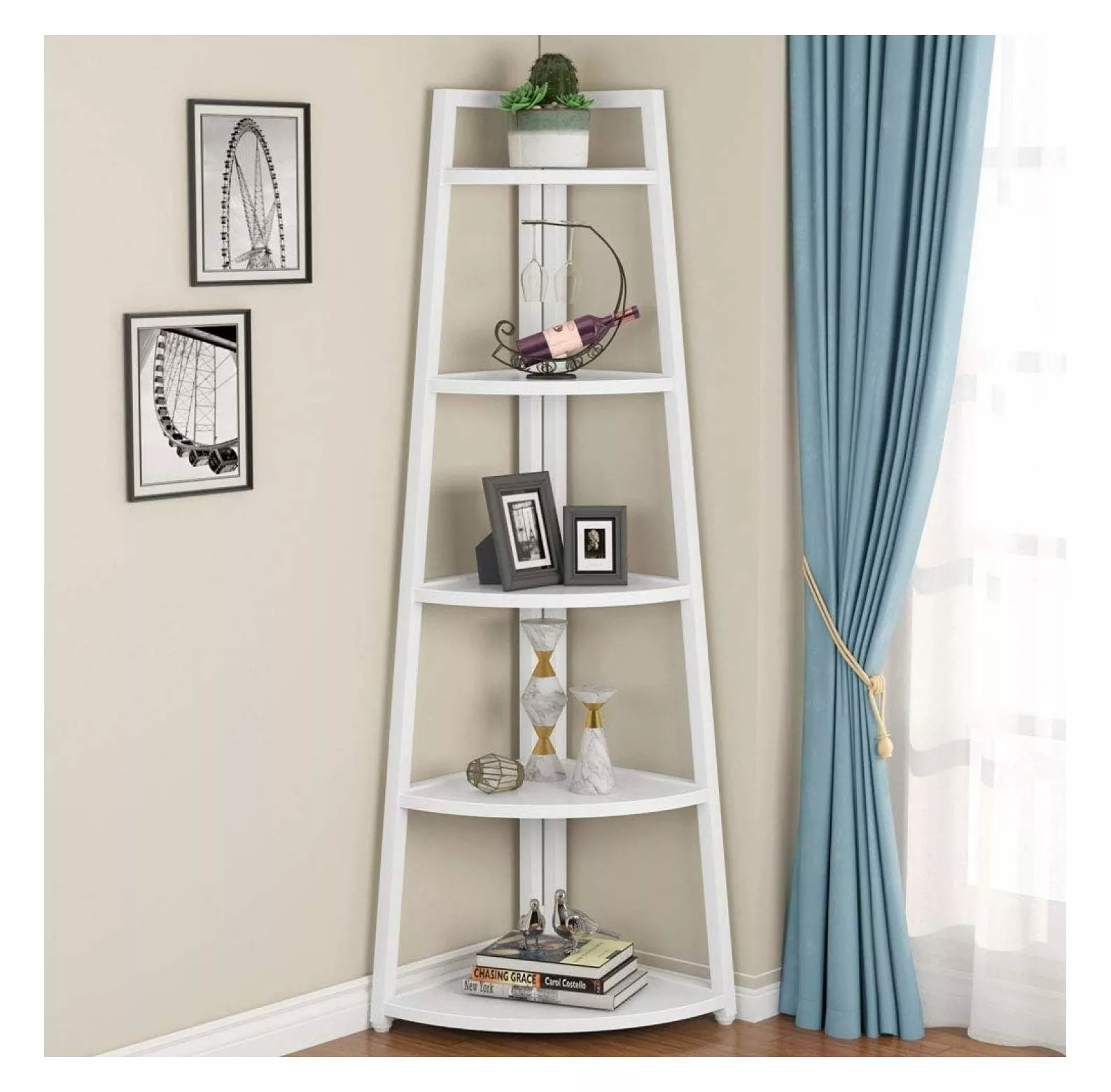Yunwen 70 Inch Tall Corner Shelf 5 Tier Industrial Ladder Bookcase Plant Stand Living Room Kitchen Office White