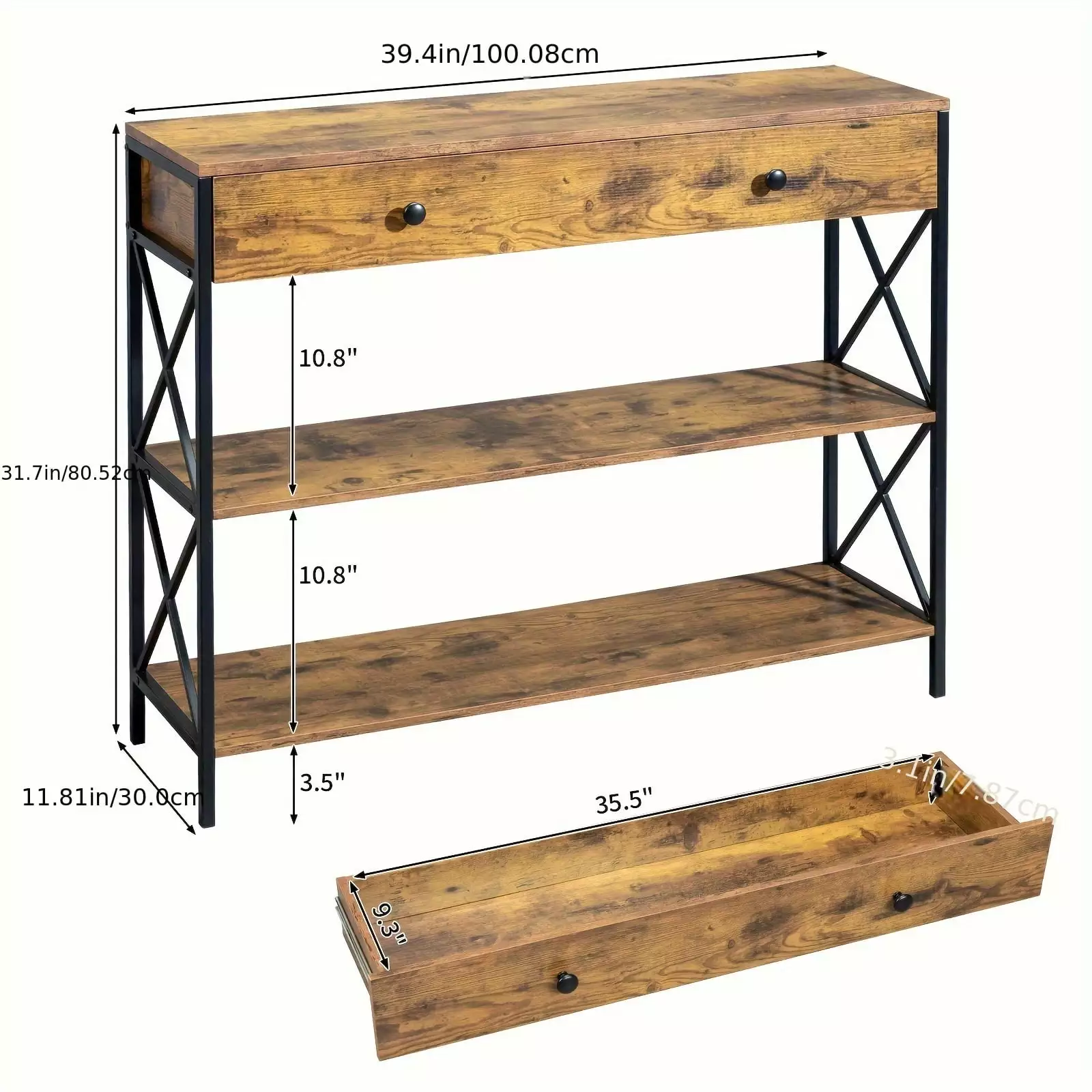 Industrial Rustic Brown 3 Tier Console Table Drawer and Open Storage Console