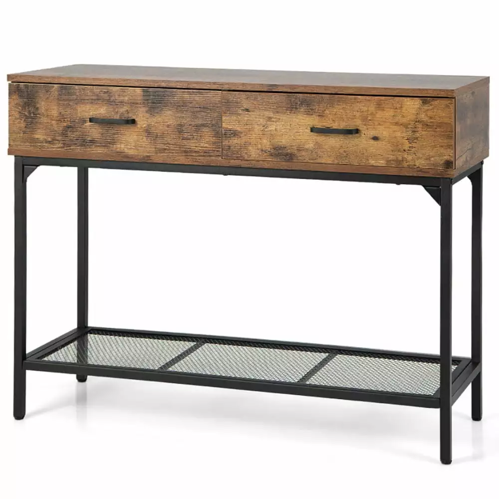 Yardi Yard Rustic Brown 2 Drawers Industrial Console Table Steel Frame Console