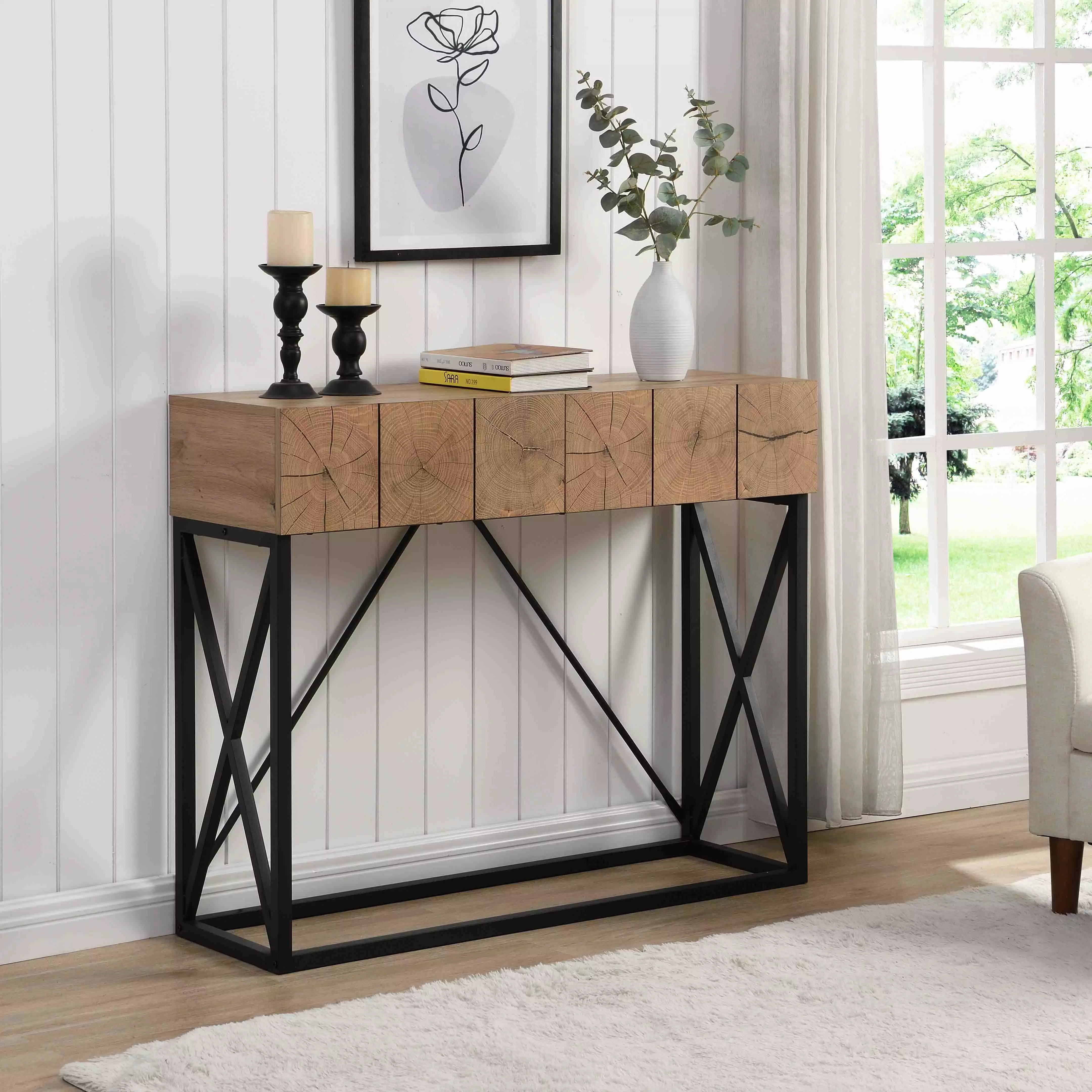 43.31 Luxury Wood Sofa Table Industrial Console Table Entryway Two Drawers Console None