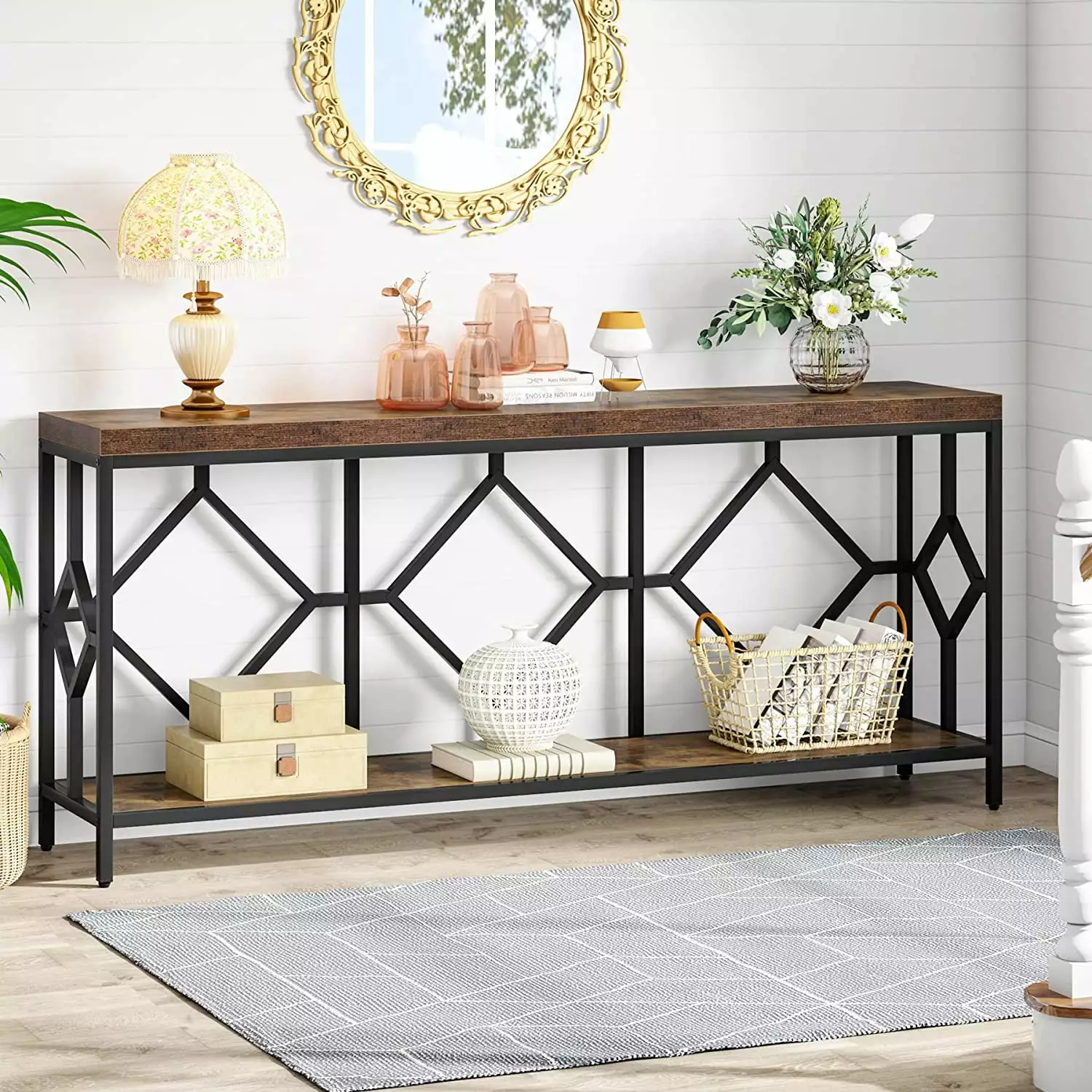 Tribesigns 71 Inch Extra Long Industrial Narrow Sofa Table Open Storage Shelf Vintage Brown Console