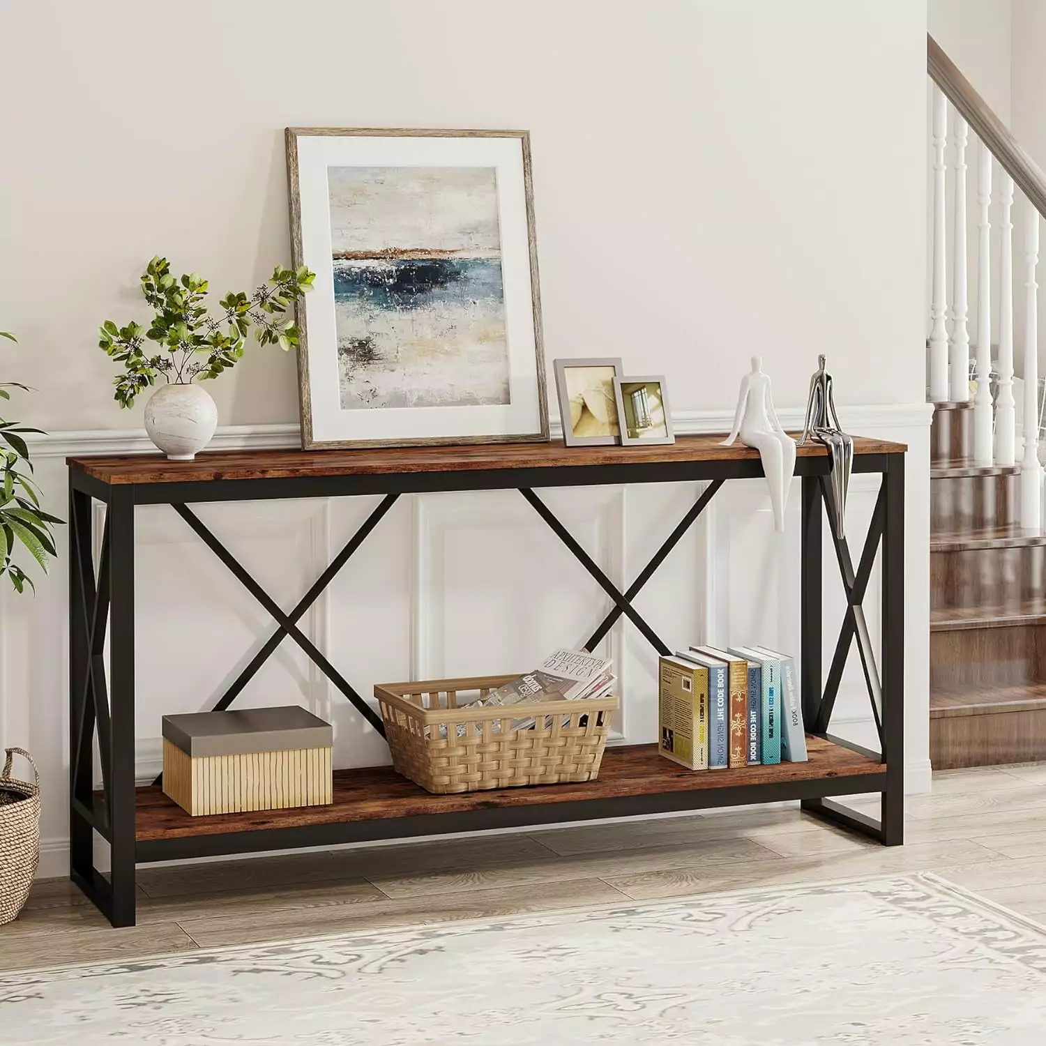 Tribesigns 71 Inch Extra Long Industrial Narrow Console Table Open Storage Shelf Rustic Finish Console
