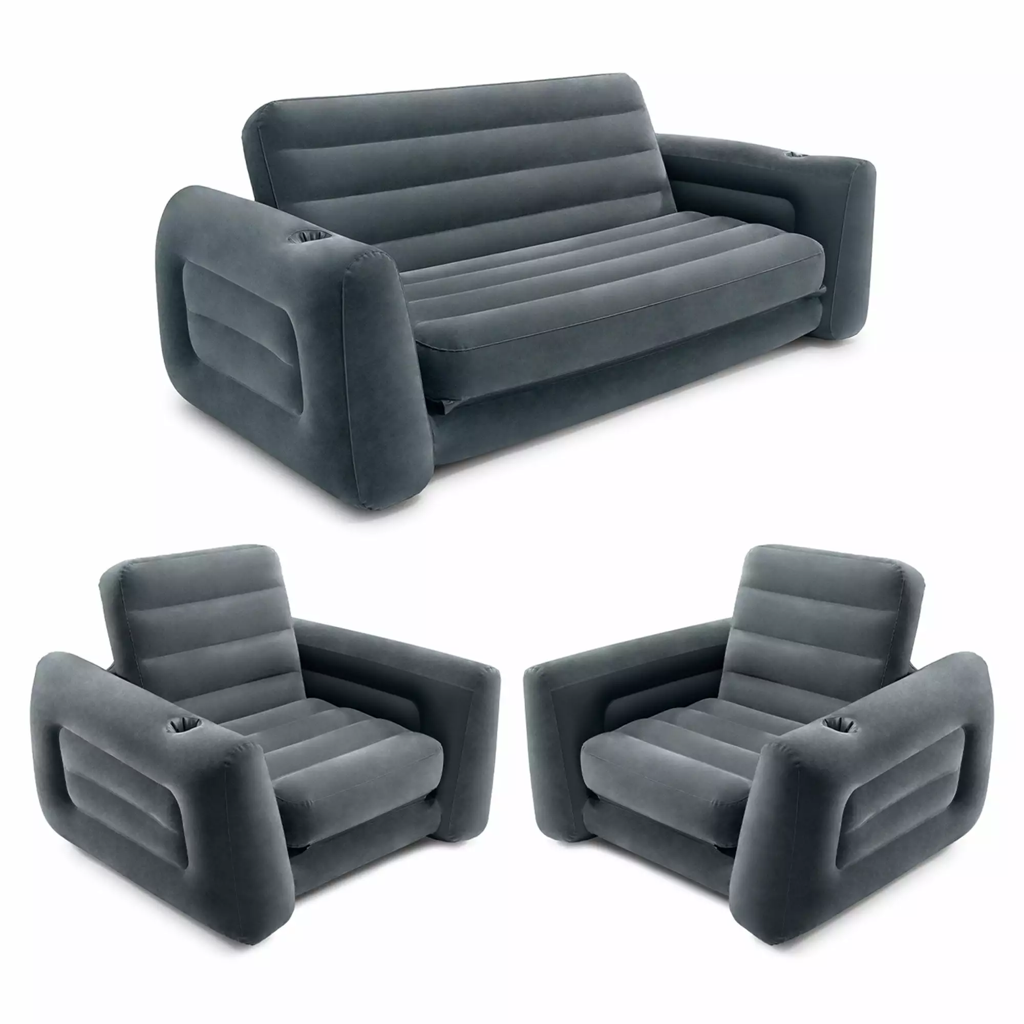 Intex Queen Size Inflatable Pull-Out Sofa Bed Couch and Chair Sleeper Dark Gray Indoor and Outdoor Use