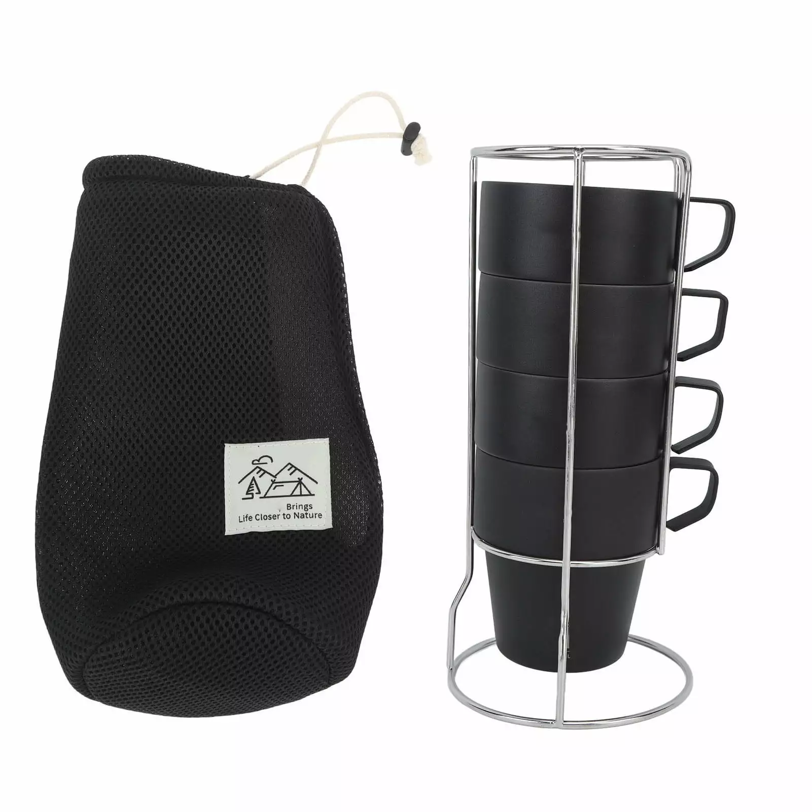 Coffee Cups Set Black Stackable Stainless Steel Double Layer Insulated Metal Stand Camping