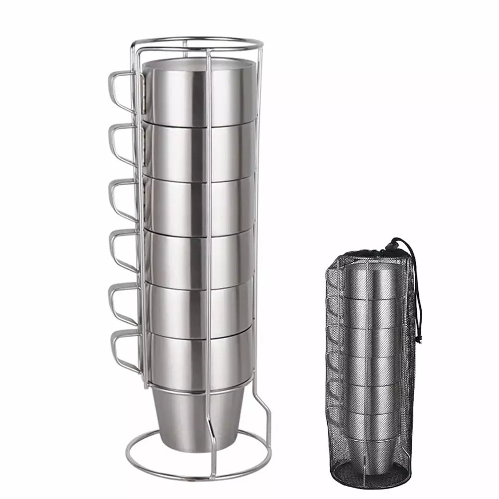 6Pcs Stackable 304 Stainless Steel Double Insulated Coffee Mugs Set Rack Camping Picnic