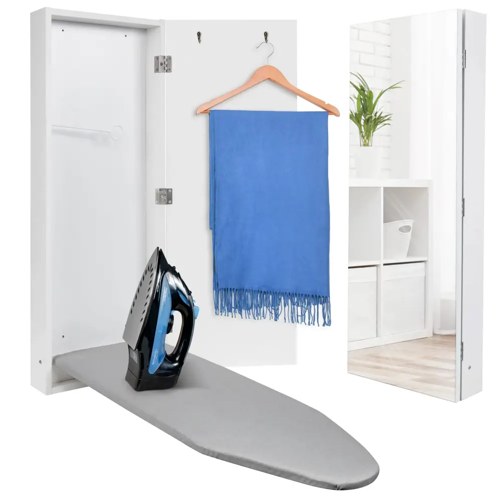 Ivation Ironing Board, Wall Mounted Ironing Board Cabinet Mirror & Release Lever, Ivory