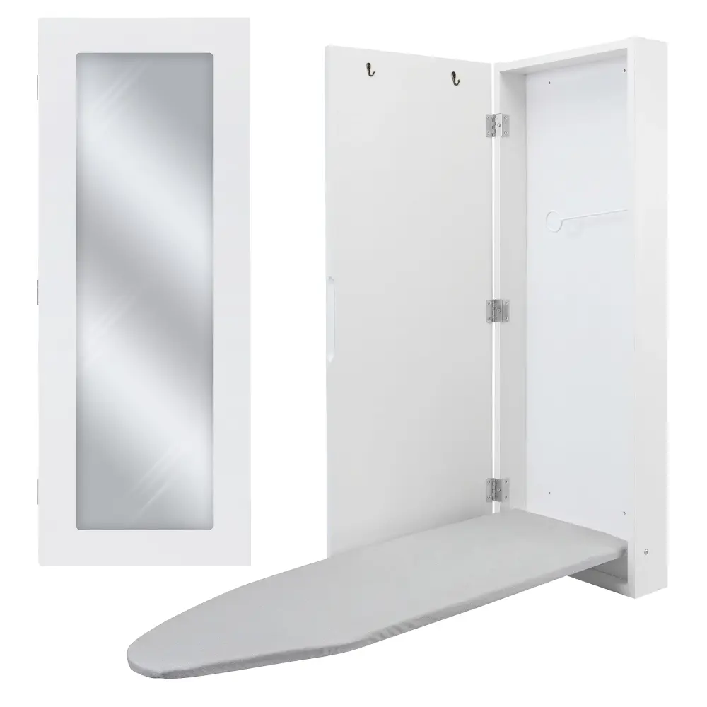 Ivation Ironing Board, Wall Mounted Ironing Board Cabinet W/Left Side Door, Mirror & Lever, Alabaster
