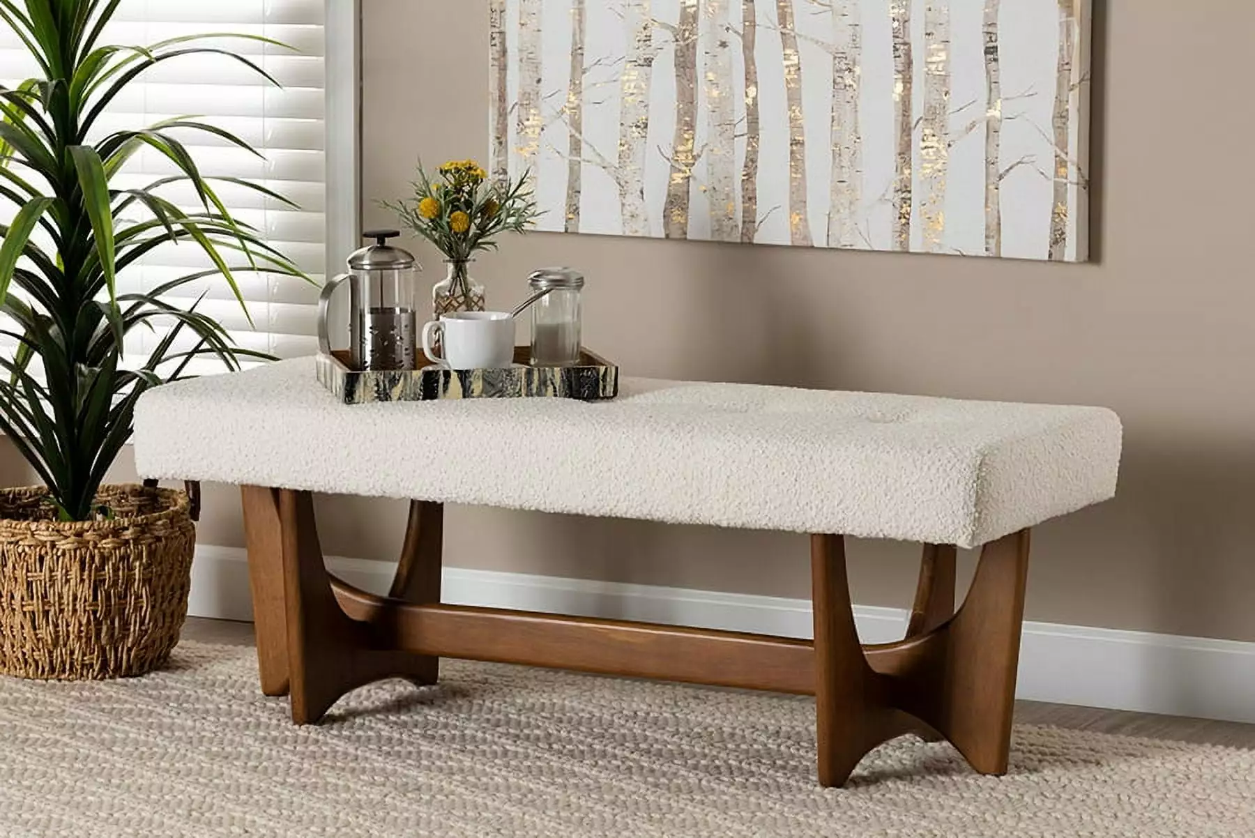 Baxton Studio Theo Japandi Cream Boucle Fabric and Walnut Brown Wood Bench Benches