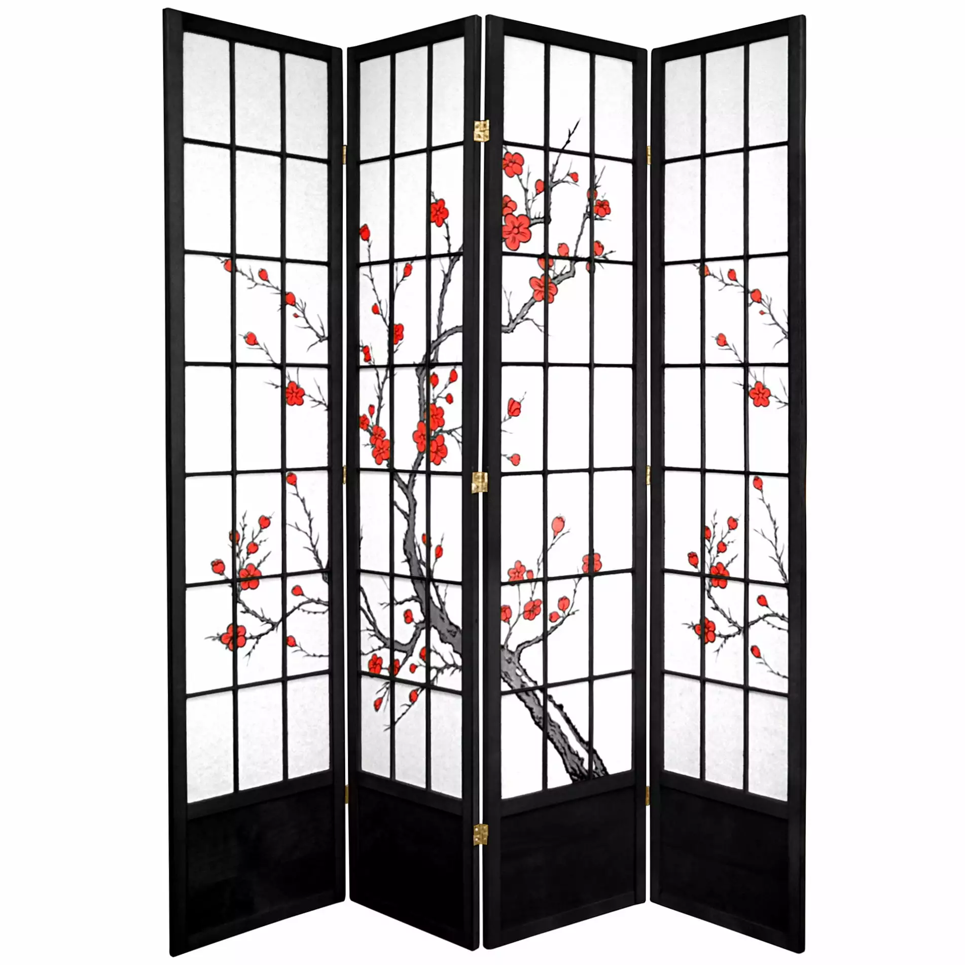 7ft Tall Traditional Japanese Design Cherry Blossom Screen Black 4 Panels Oriental Furniture